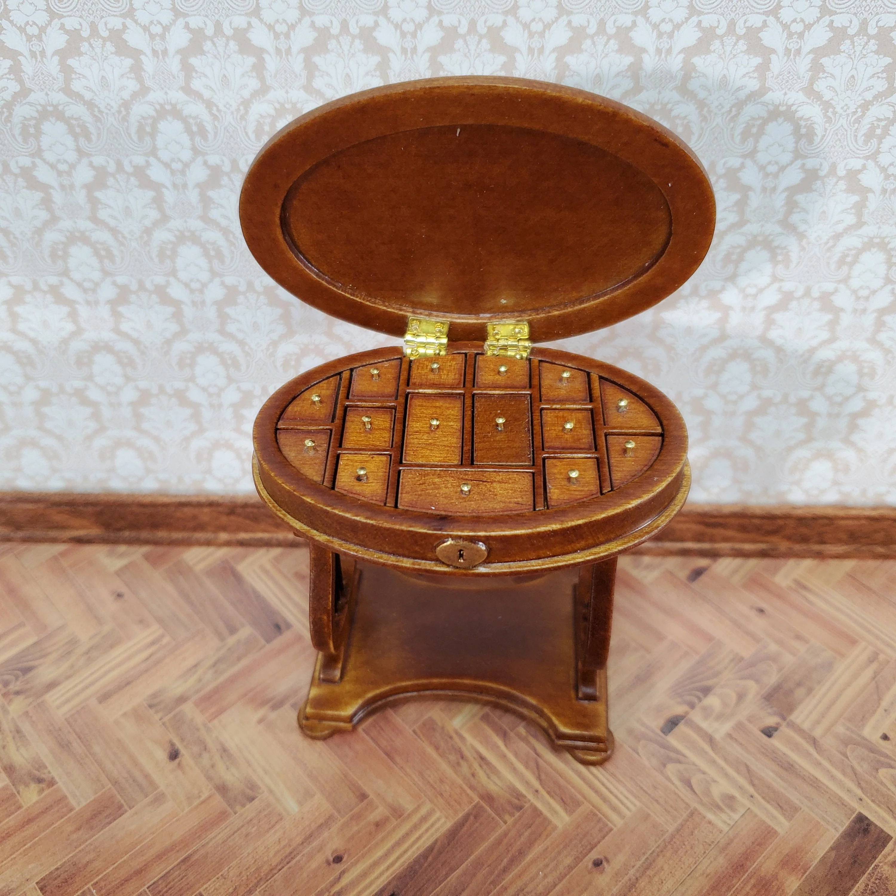 JBM Miniature Sewing Table Oval 1:12 Scale Miniature Furniture Walnut Finish - Image 7