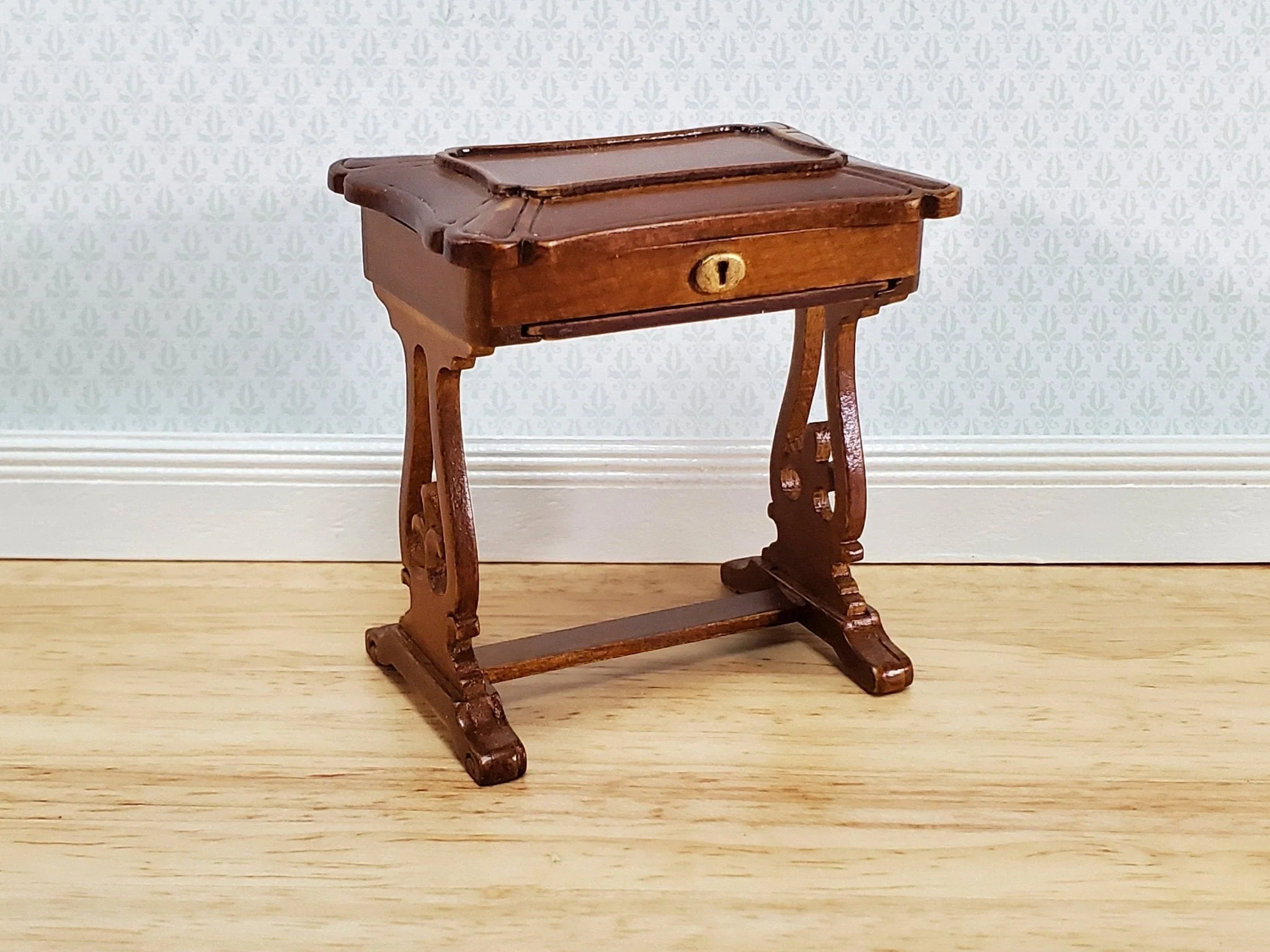JBM Miniature Sewing Table w/ Pull Out Tray 1:12 Scale Miniature Furniture Walnut Finish
