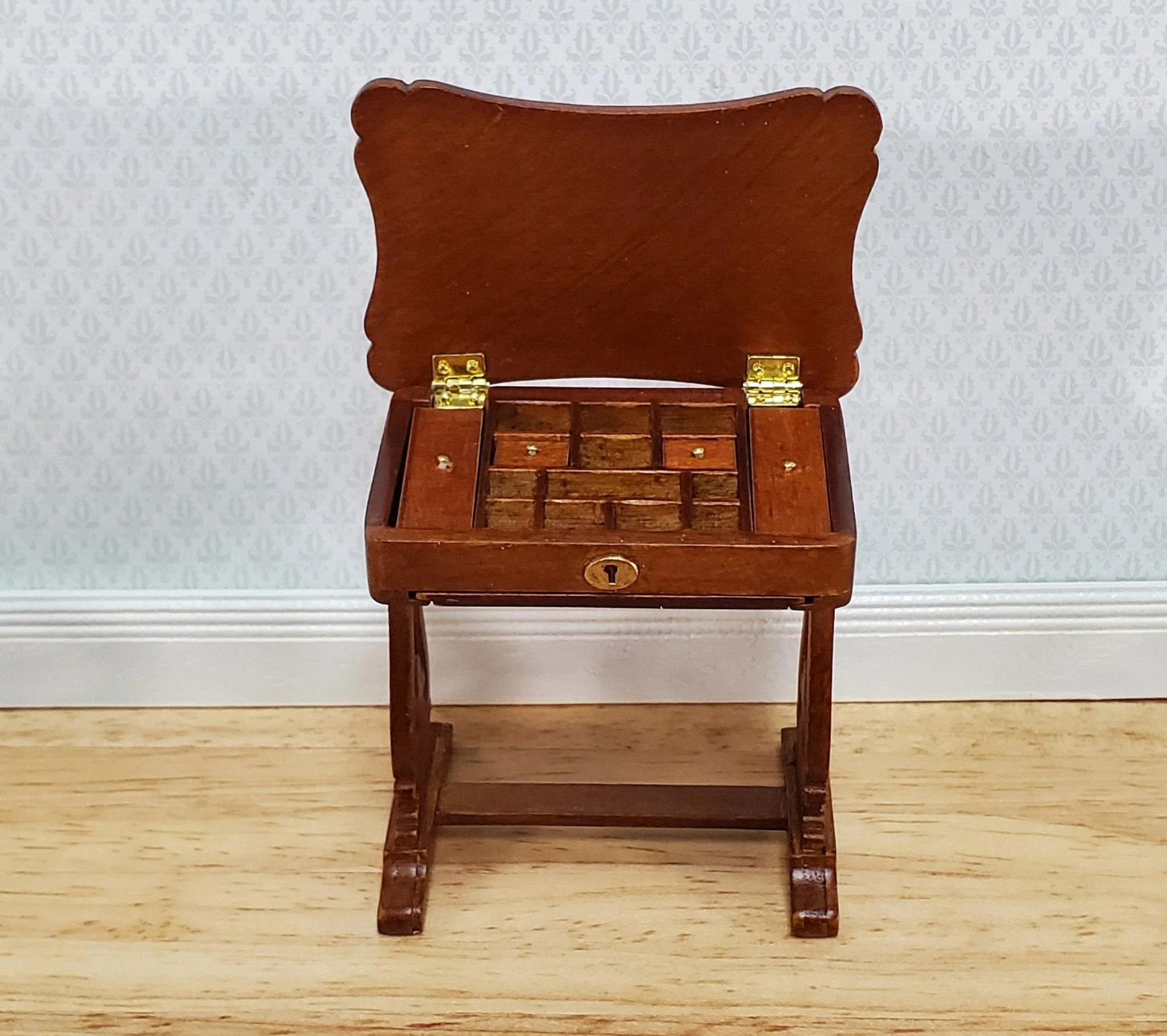 JBM Miniature Sewing Table w/ Pull Out Tray 1:12 Scale Miniature Furniture Walnut Finish - Image 2