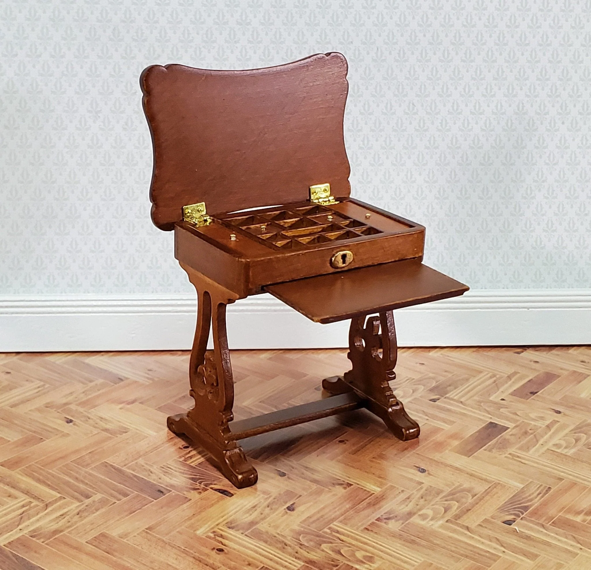 JBM Miniature Sewing Table w/ Pull Out Tray 1:12 Scale Miniature Furniture Walnut Finish - Image 3