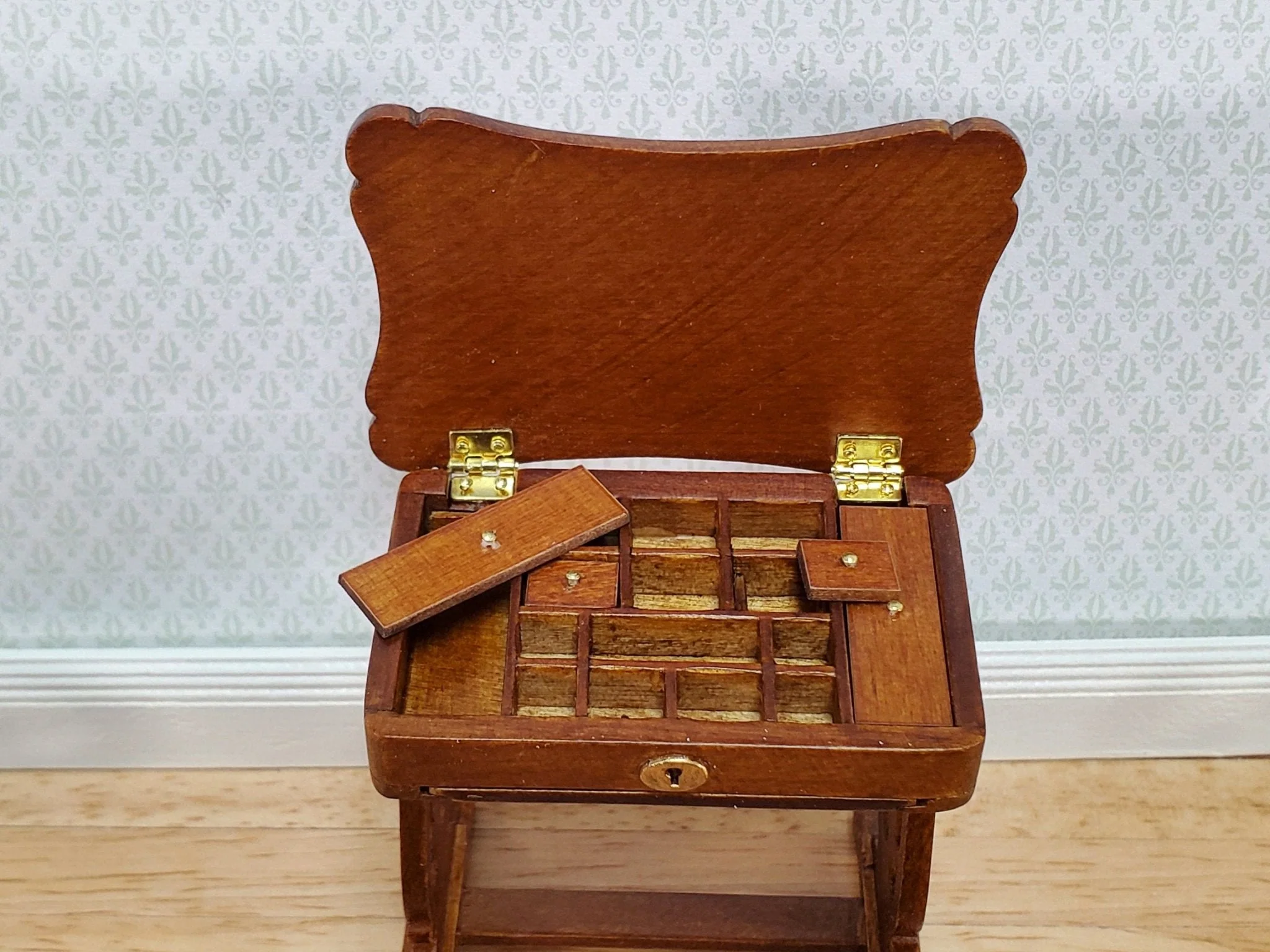 JBM Miniature Sewing Table w/ Pull Out Tray 1:12 Scale Miniature Furniture Walnut Finish - Image 4