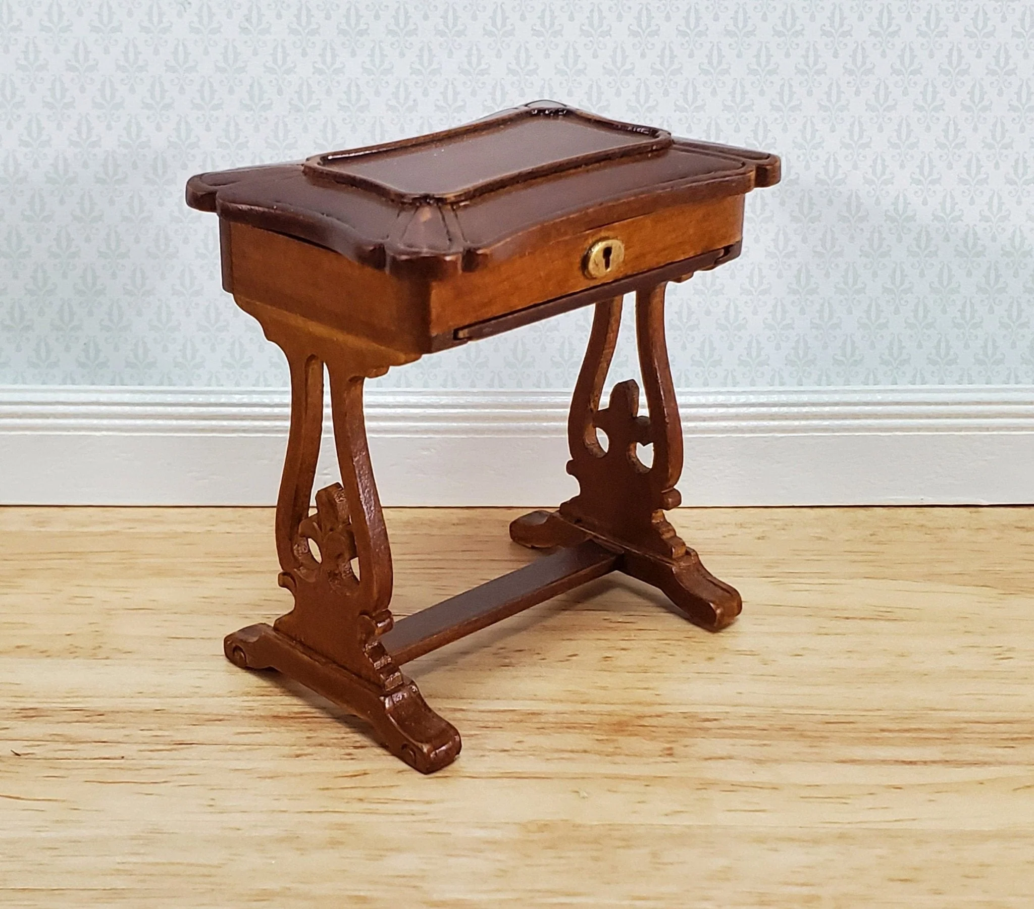 JBM Miniature Sewing Table w/ Pull Out Tray 1:12 Scale Miniature Furniture Walnut Finish - Image 5