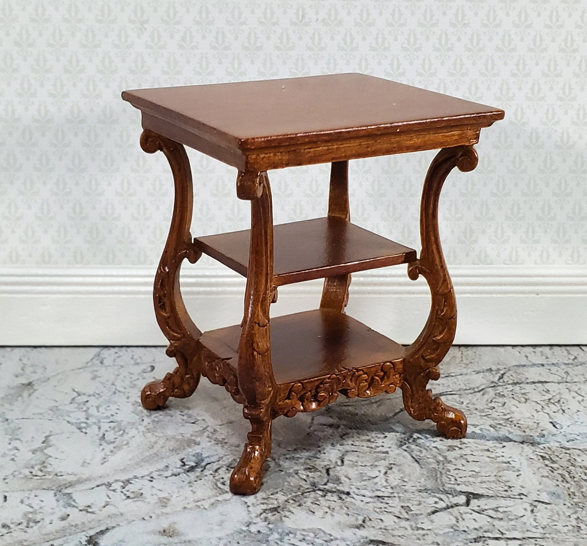 JBM Miniature Side Table or Nightstand with 2 Shelves 1:12 Scale Dollhouse Furniture