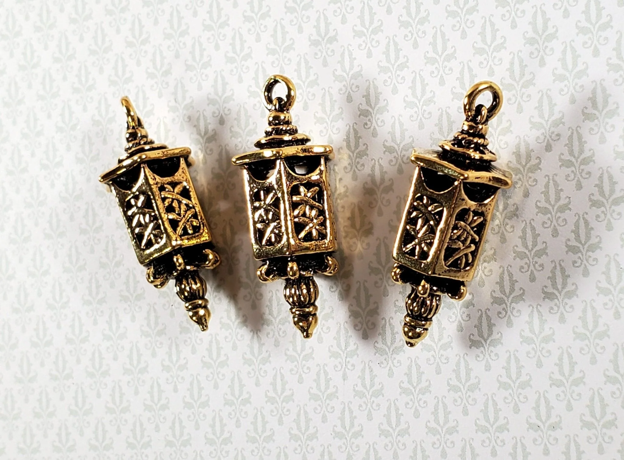 Lantern Charms Small Gold Decoration 3 pieces 1 3/8" Jewelry Making Miniatures - Image 2