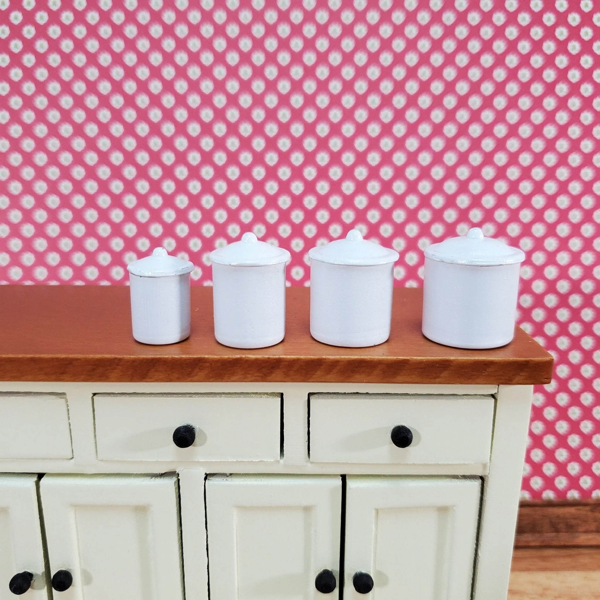 Miniature Cannisters Set of 4 White Metal 1:12 Scale Dollhouse Kitchen Accessory