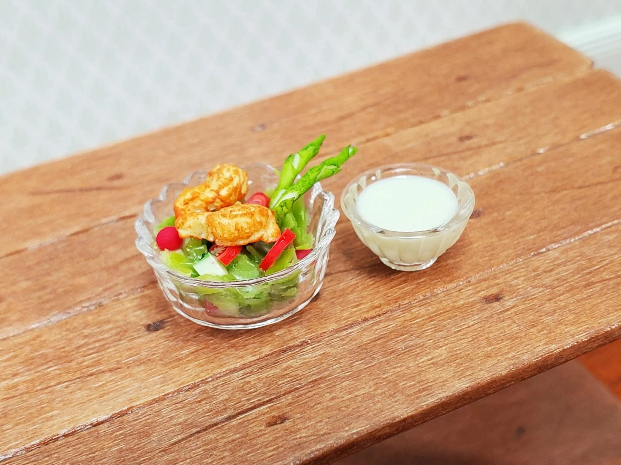 Miniature Chicken Salad Bowl with Side of Dressing 1:12 Scale Dollhouse Food