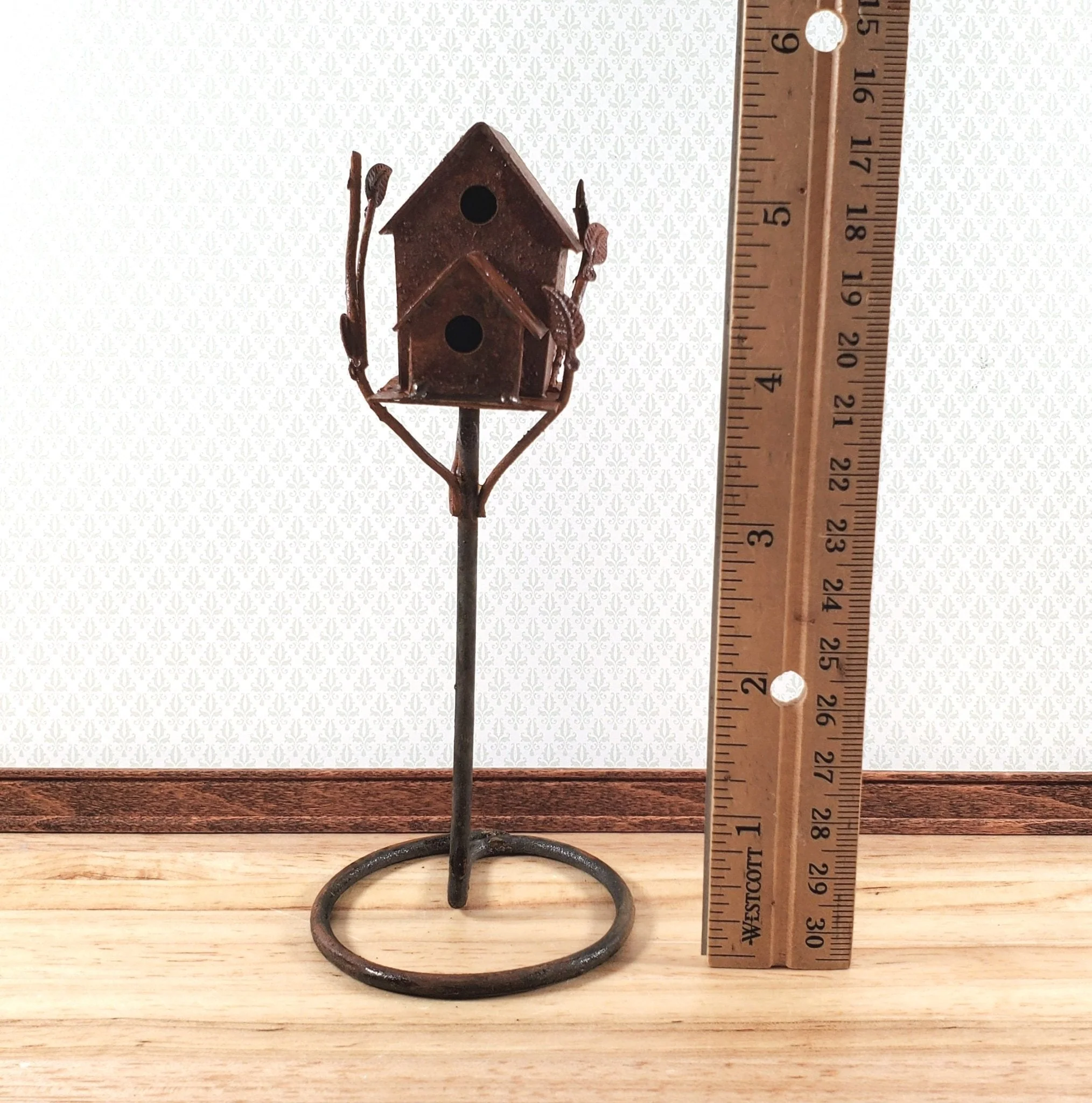 Miniature Double Birdhouse on Stand Rusted Distressed Metal 1:12 Scale Fairy Garden - Image 4
