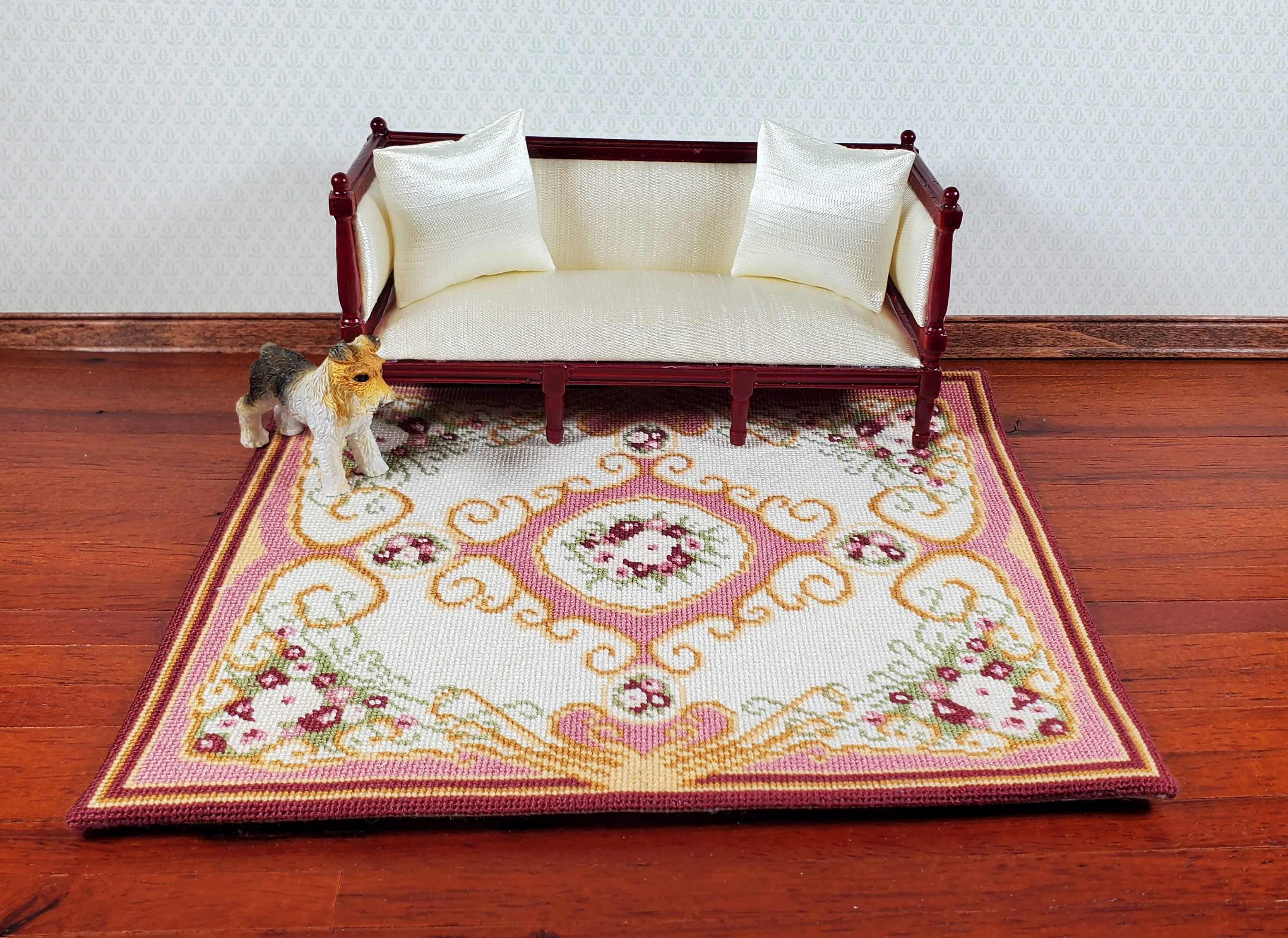 Miniature Fine Needlepoint Rug Pinks Aubusson Style 1:12 Scale Carpet Floral - Image 2