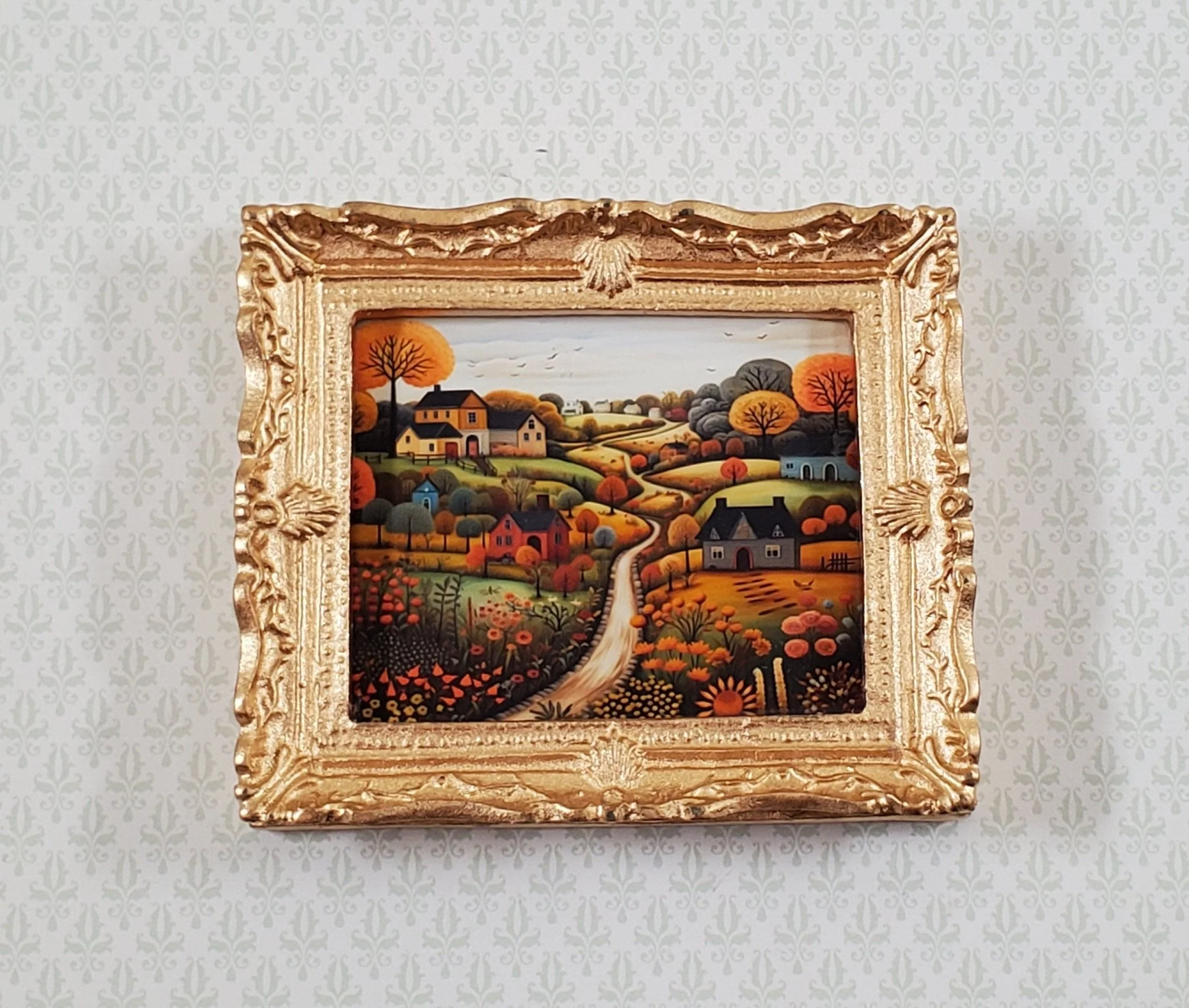 Miniature Folk Art Framed Art Print Houses Trees Hills 1:12 Scale Dollhouse