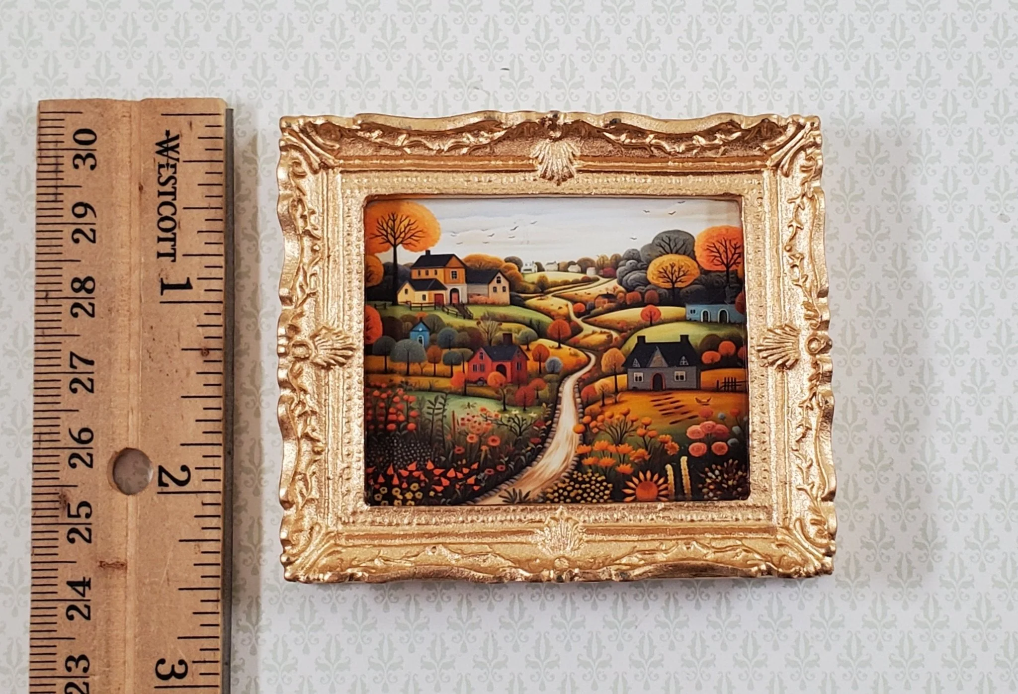 Miniature Folk Art Framed Art Print Houses Trees Hills 1:12 Scale Dollhouse - Image 3