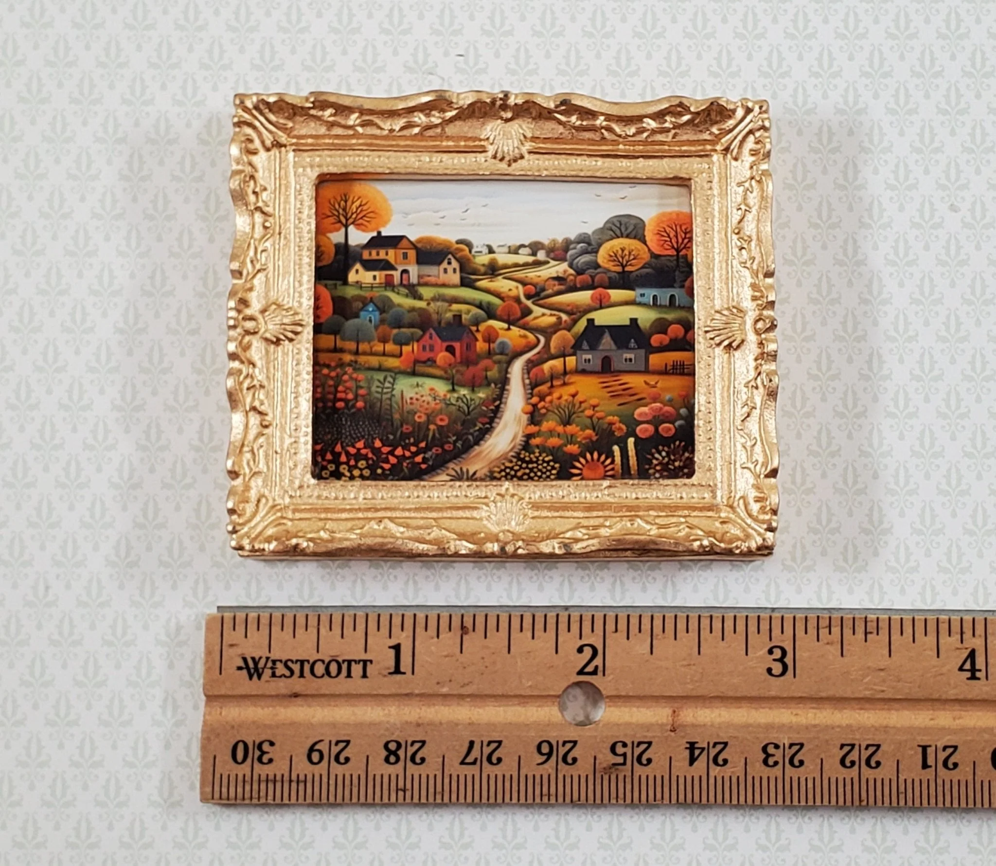 Miniature Folk Art Framed Art Print Houses Trees Hills 1:12 Scale Dollhouse - Image 4