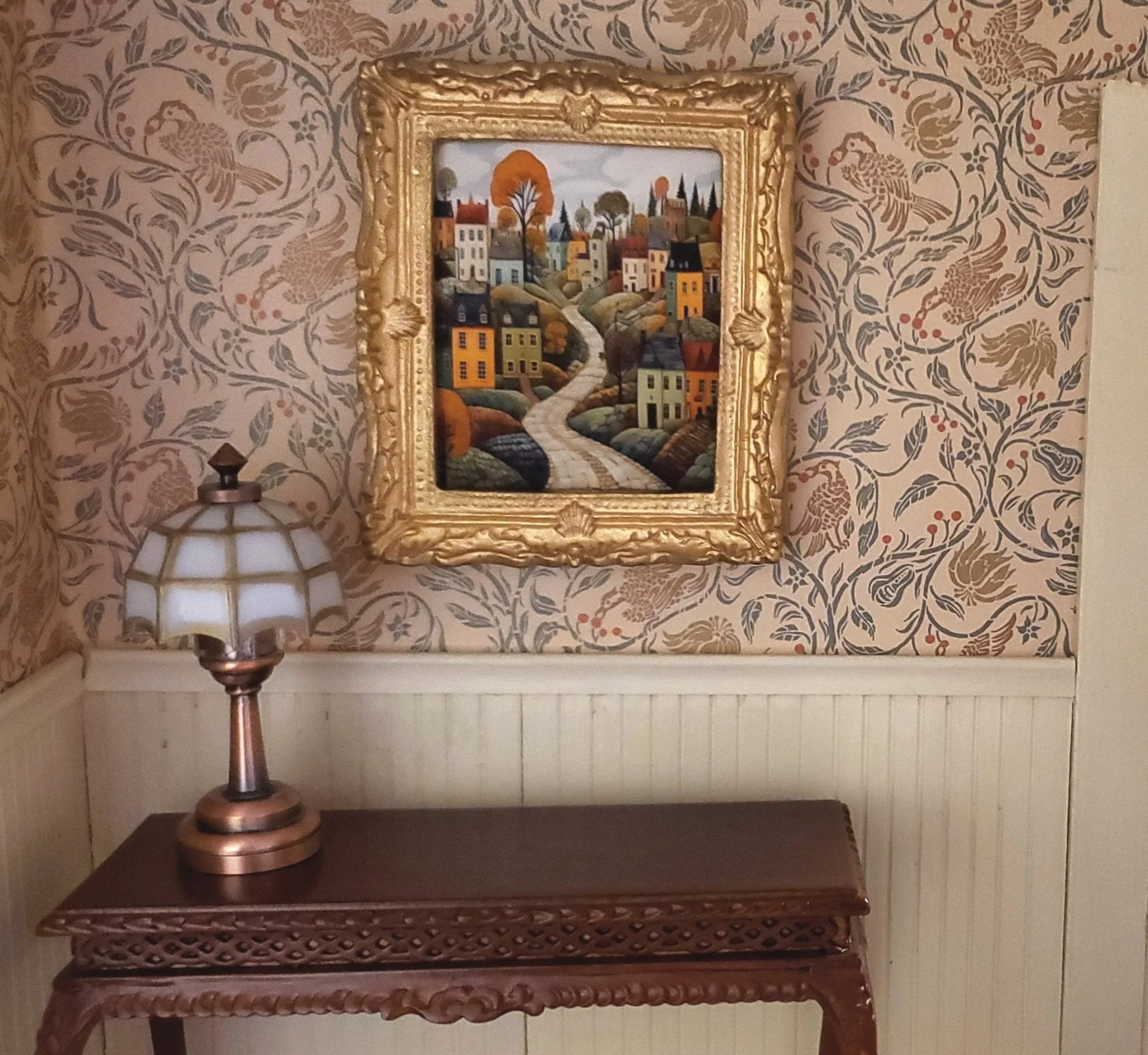 Miniature Folk Art Framed Art Print Houses Trees Road 1:12 Scale Dollhouse - Image 2