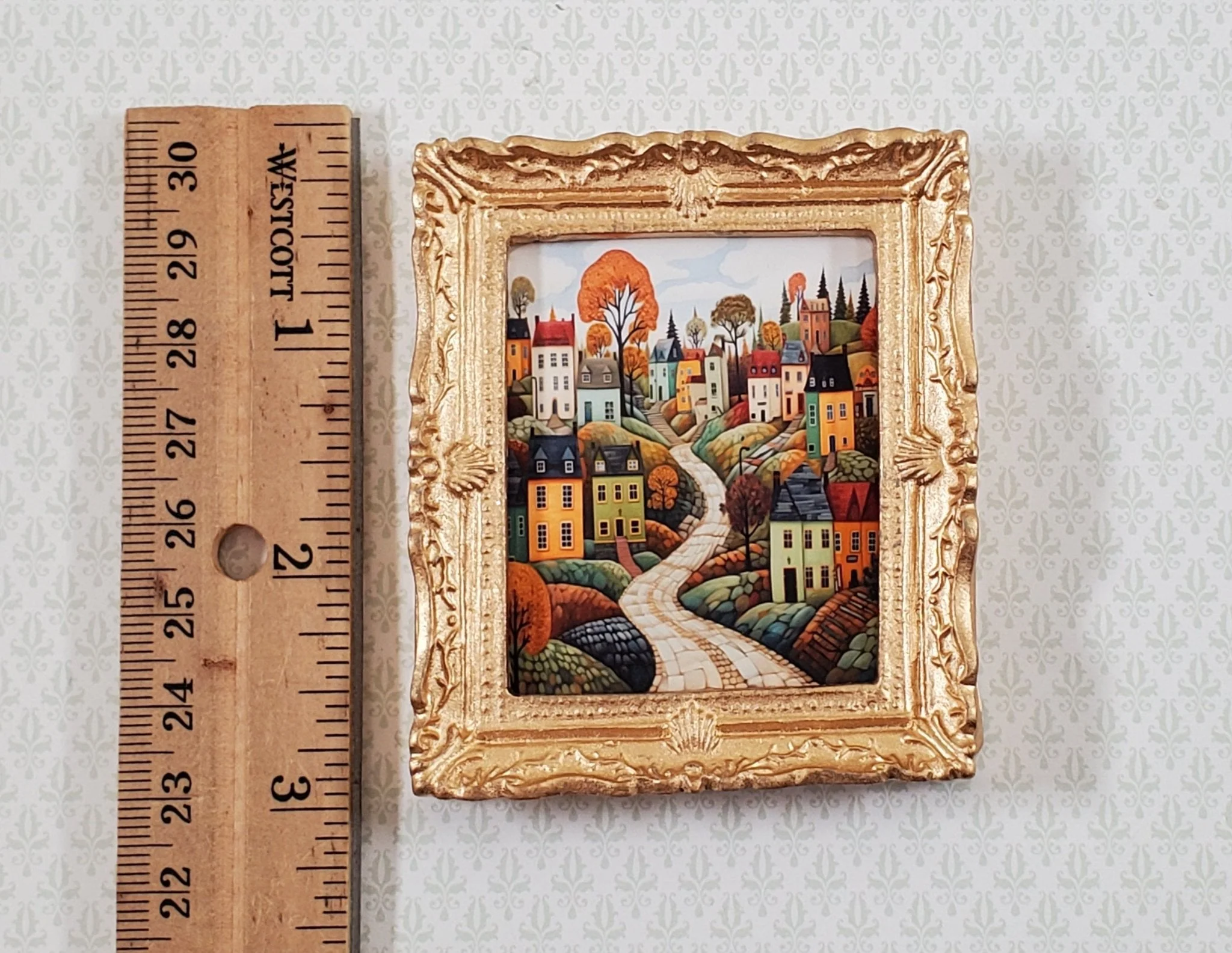 Miniature Folk Art Framed Art Print Houses Trees Road 1:12 Scale Dollhouse - Image 3