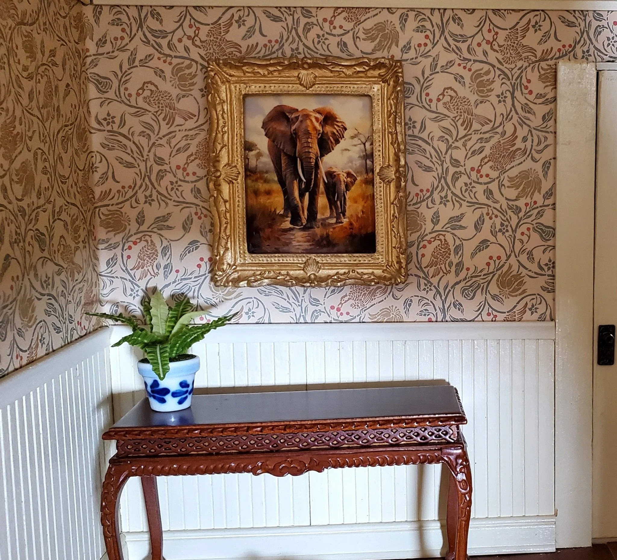 Miniature Framed Art Print Elephant with Calf Gold Frame 1:12 Scale Dollhouse - Image 2