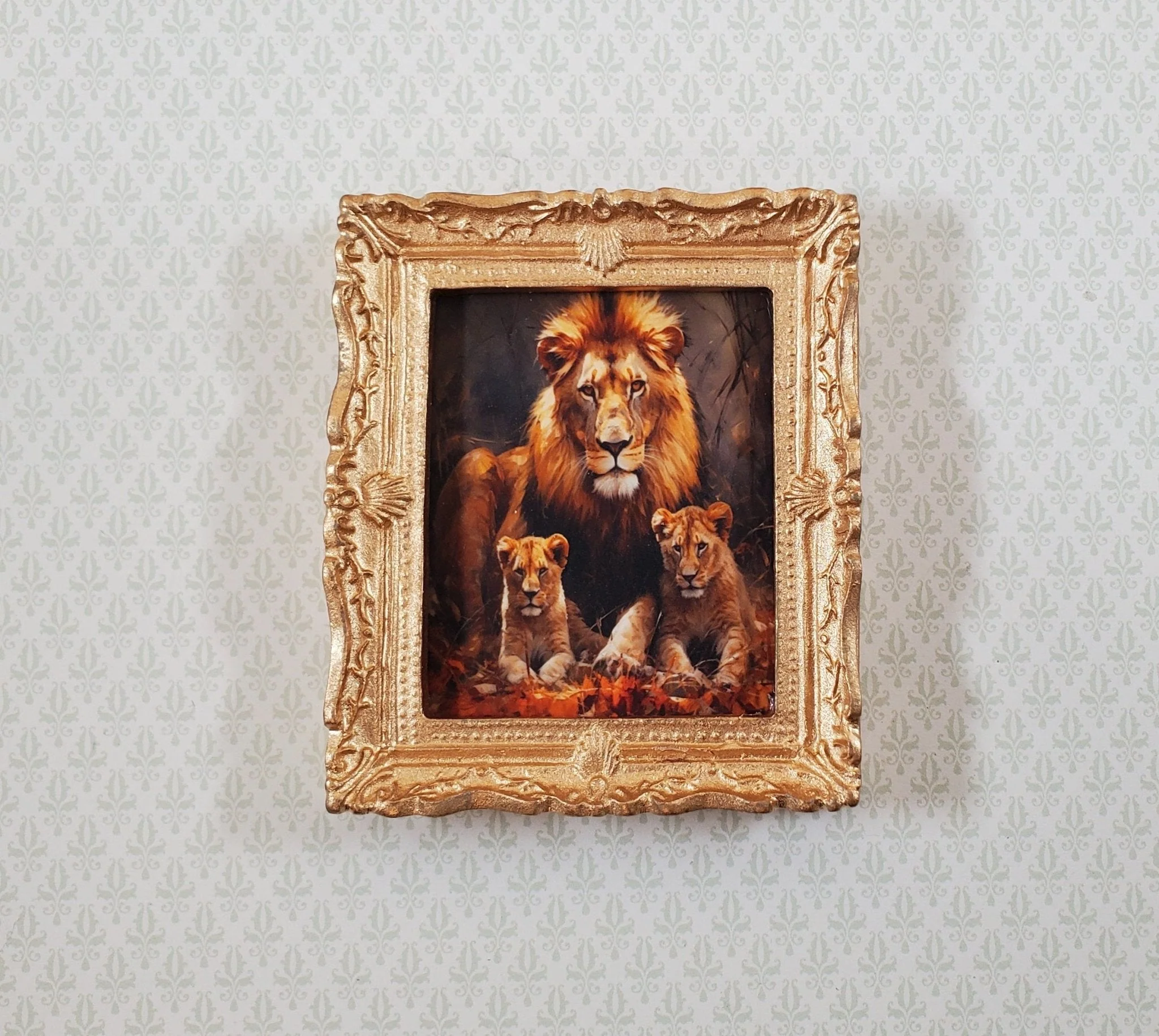 Miniature Framed Art Print Male Lion with Cubs Gold Frame 1:12 Scale Dollhouse