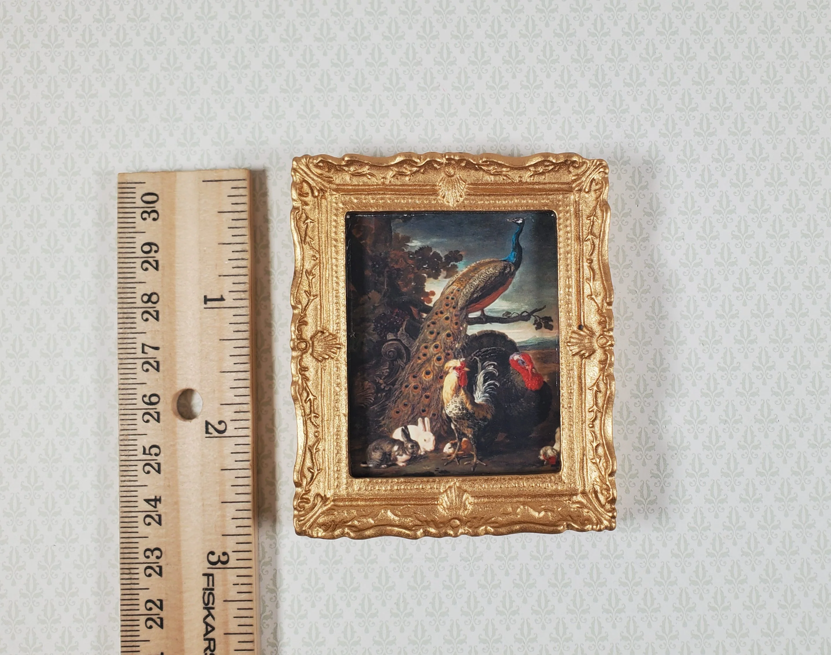 Miniature Framed Peacock Print with Roosters Rabbits 1:12 Scale for Dollhouse - Image 3