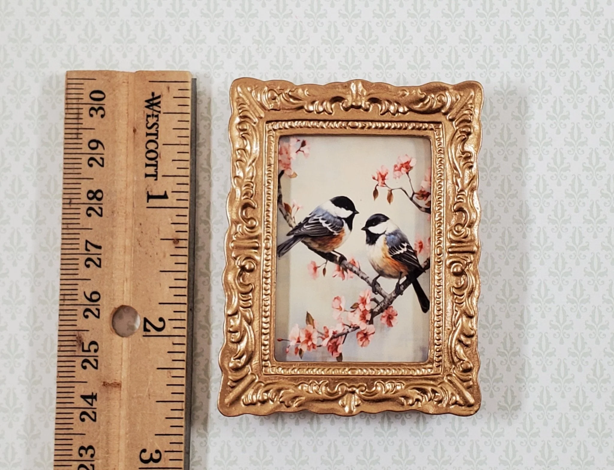 Miniature Framed Print Chickadees Birds on Cherry Branch 1:12 Scale Gold Frame - Image 4