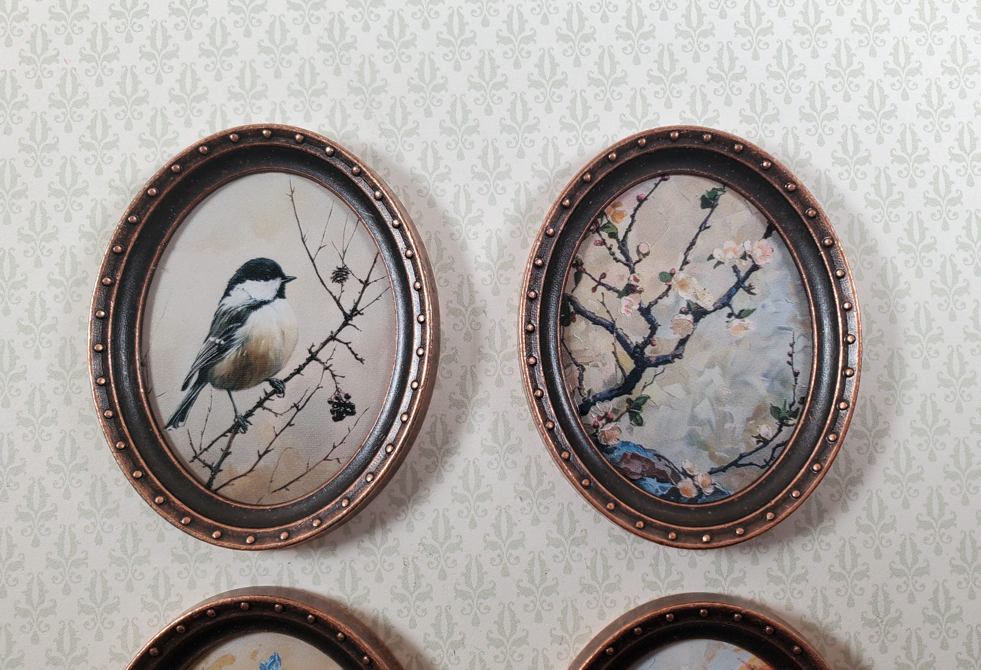 Miniature Framed Prints x4 Chickadee Branches Oval Frames 1:12 Scale Metal Frame - Image 2