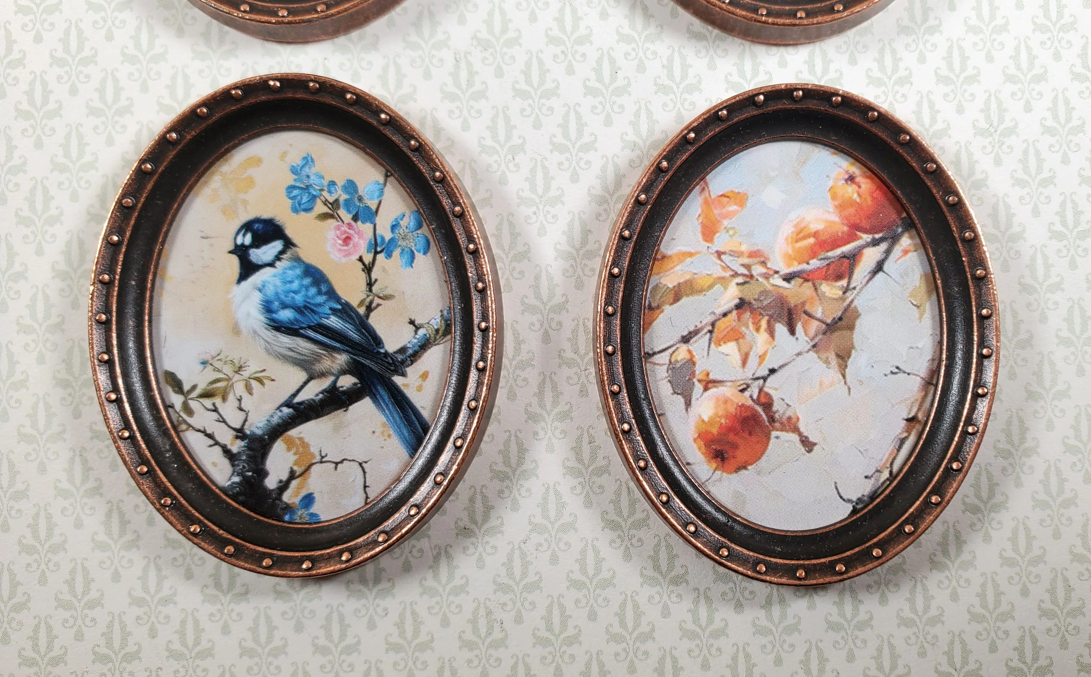Miniature Framed Prints x4 Chickadee Branches Oval Frames 1:12 Scale Metal Frame - Image 3