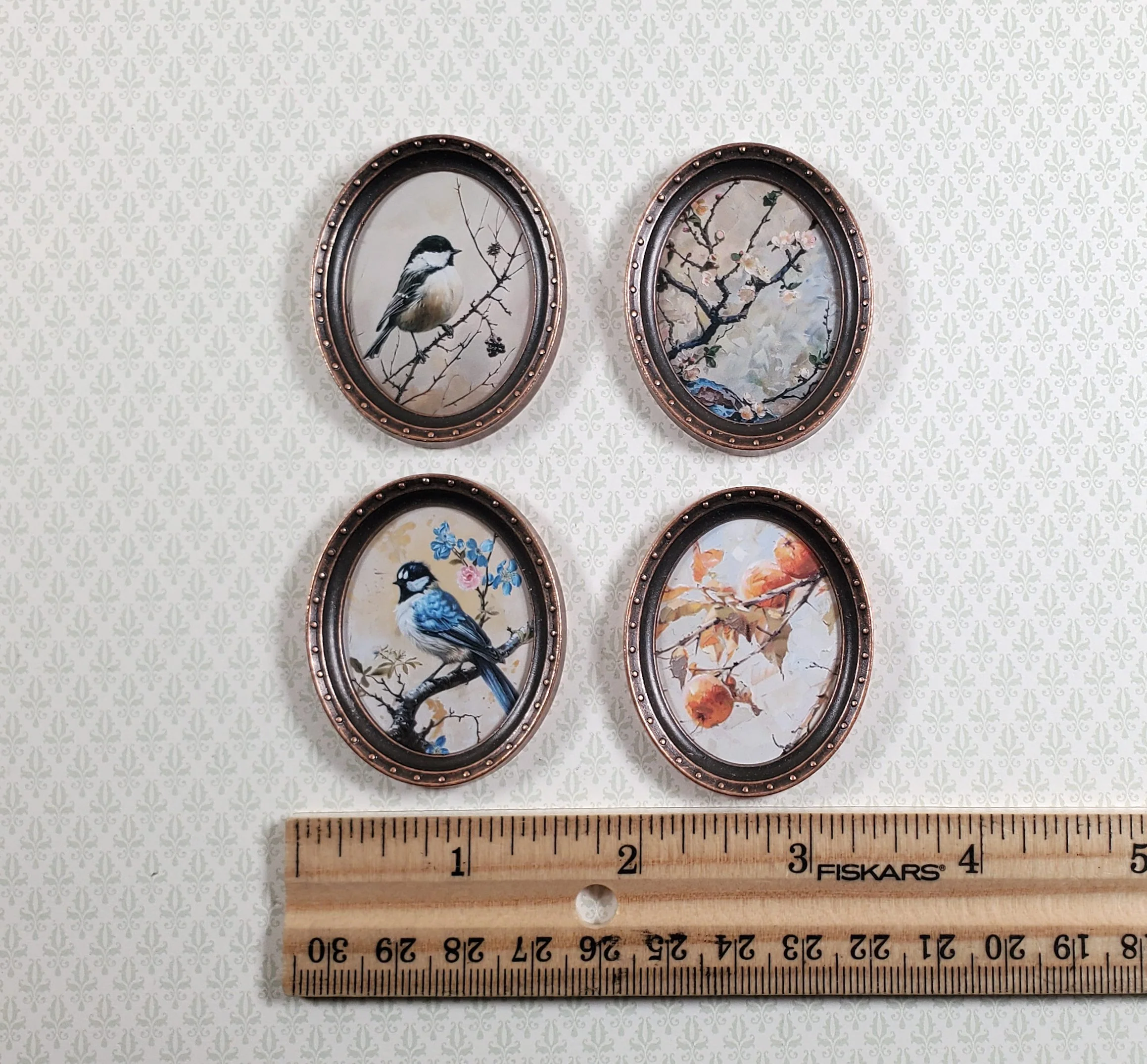 Miniature Framed Prints x4 Chickadee Branches Oval Frames 1:12 Scale Metal Frame - Image 5