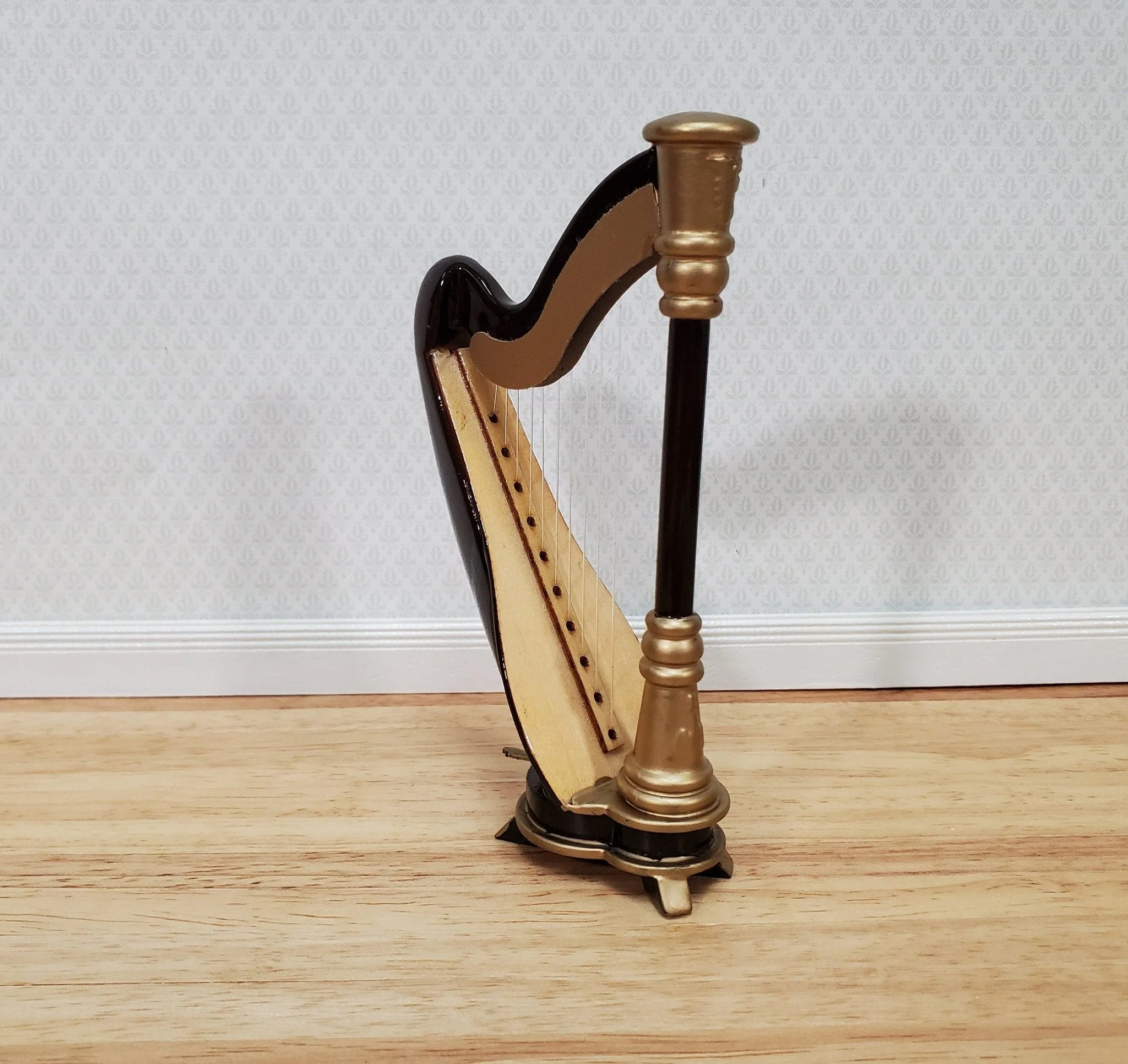 Miniature Harp with Case Wood 2 3/16" 1:12 Scale Instrument Dollhouse Music Room - Image 2