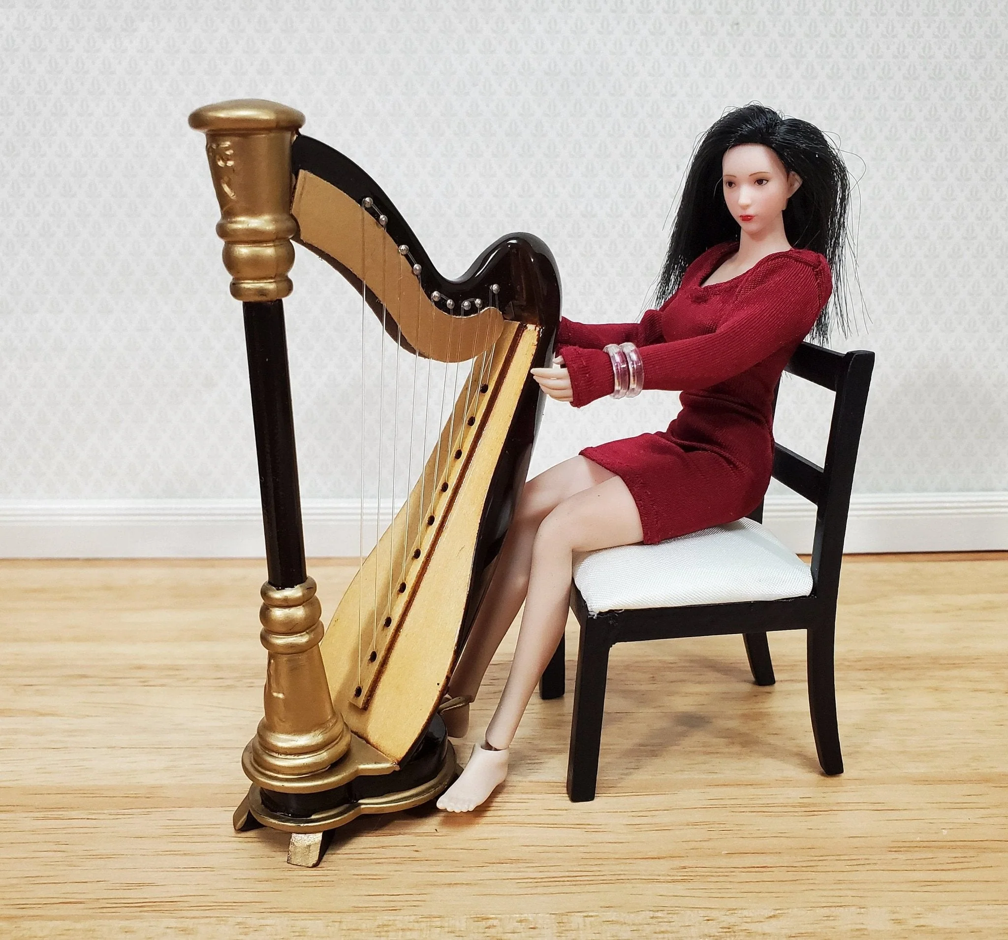 Miniature Harp with Case Wood 2 3/16" 1:12 Scale Instrument Dollhouse Music Room - Image 3