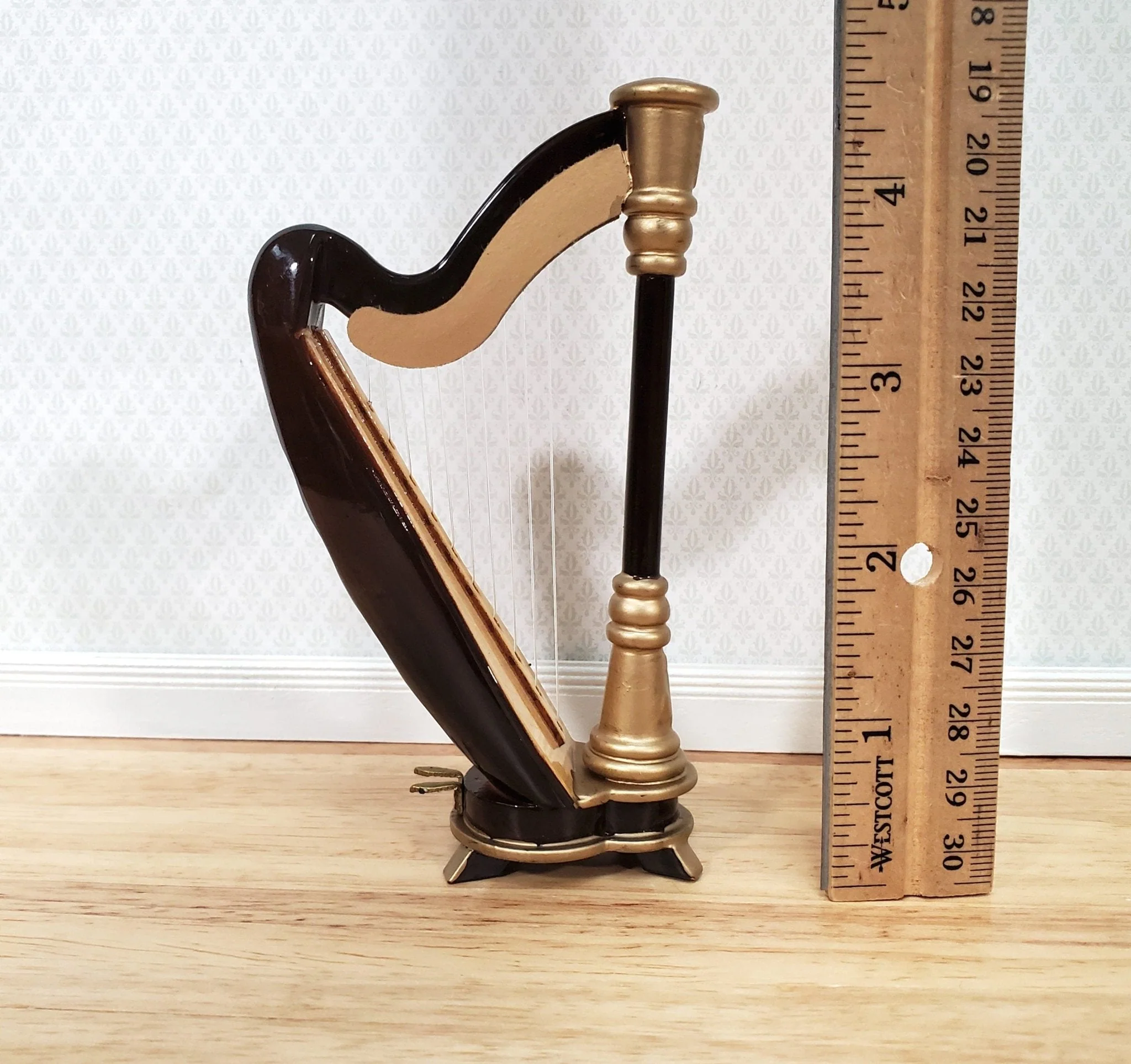 Miniature Harp with Case Wood 2 3/16" 1:12 Scale Instrument Dollhouse Music Room - Image 5