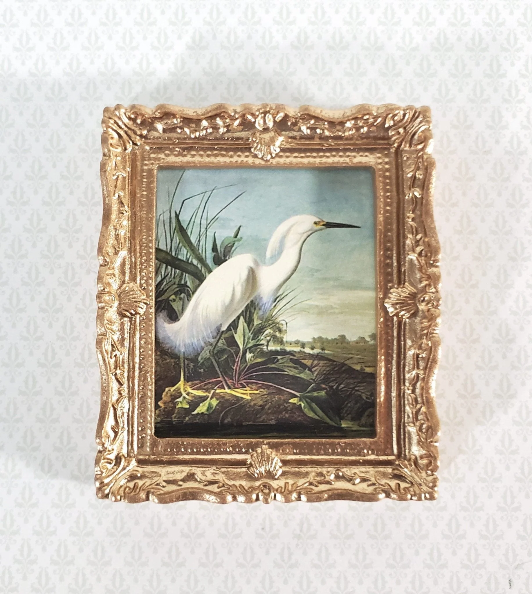Miniature John James Audubon Print White Egret Bird 1:12 Scale Dollhouse Decor