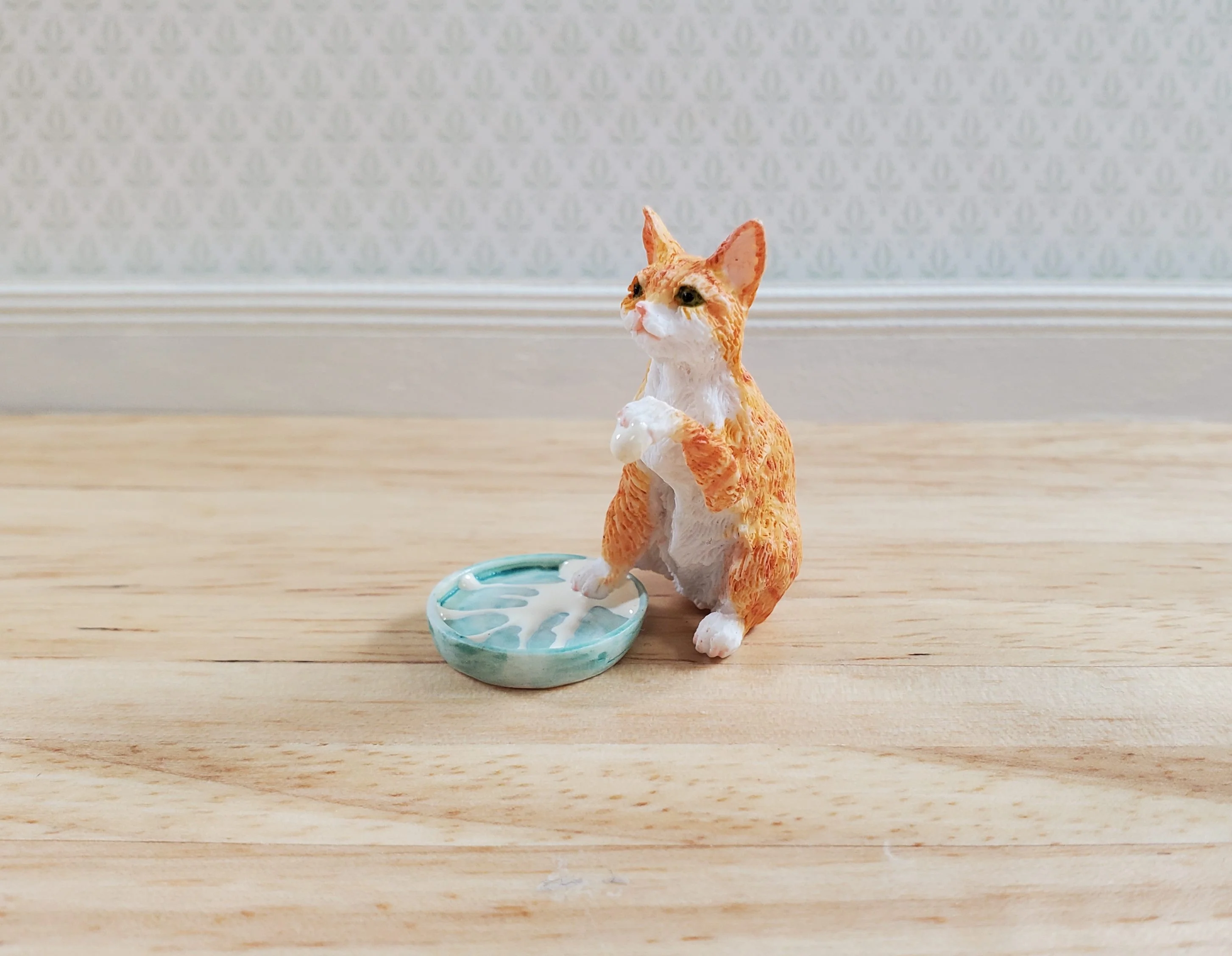 Miniature Kitty Cat Orange Tabby Stepping in Milk Dish 1:12 by Falcon Miniatures - Image 2