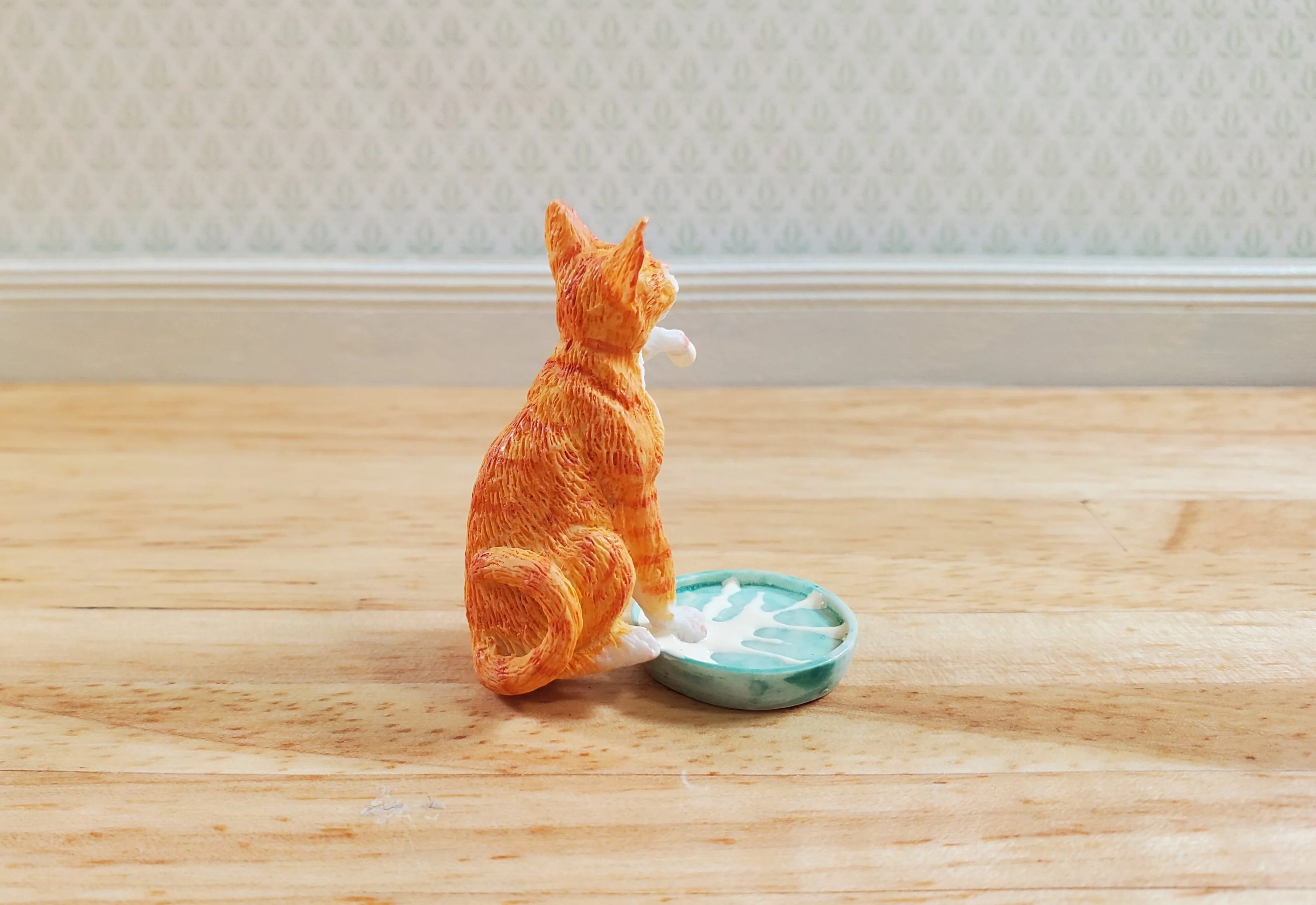 Miniature Kitty Cat Orange Tabby Stepping in Milk Dish 1:12 by Falcon Miniatures - Image 3