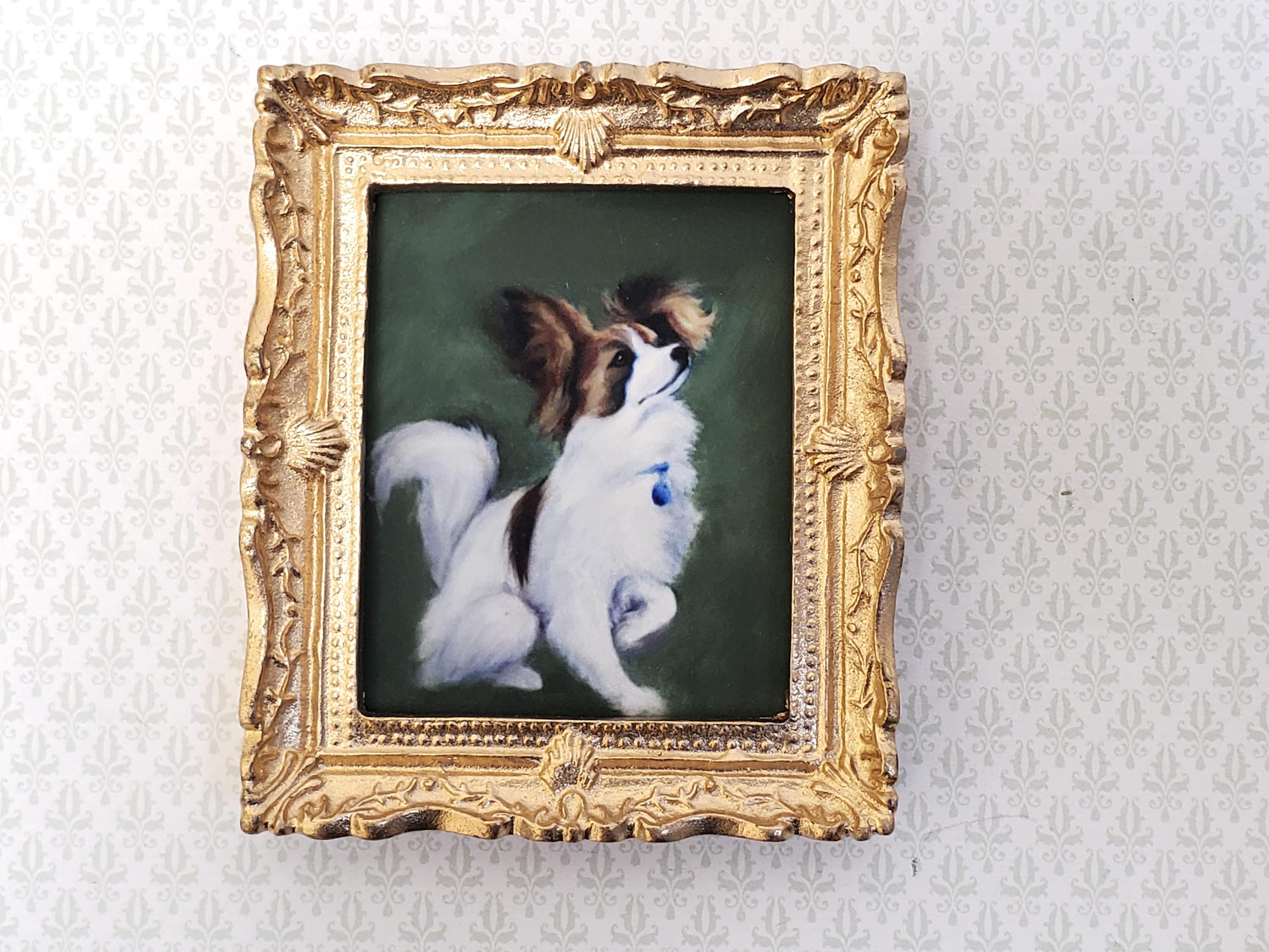 Miniature Papillion Framed Dog Print from Original Art Fits 1:12 Scale Dollhouses Gold Frame