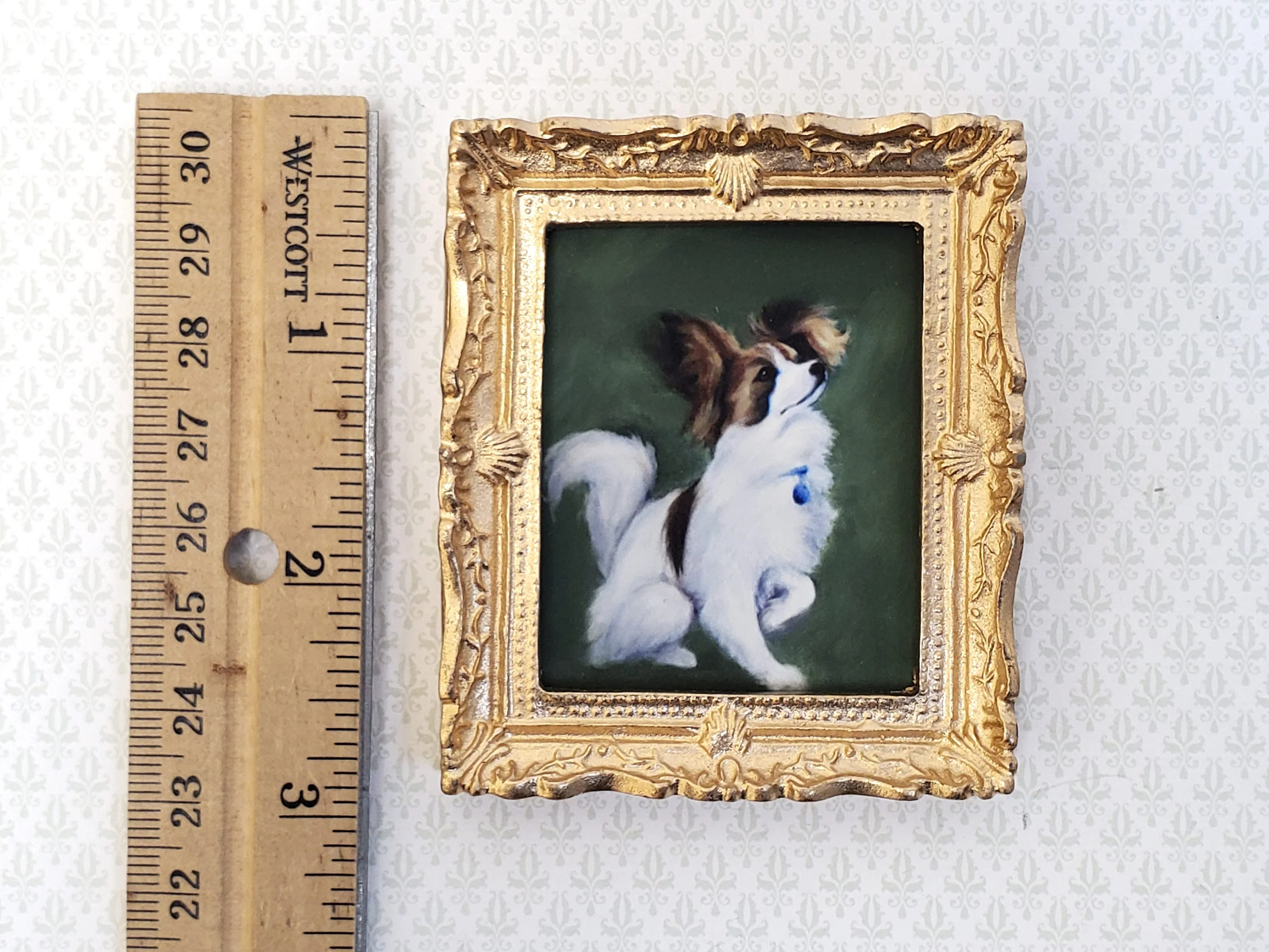 Miniature Papillion Framed Dog Print from Original Art Fits 1:12 Scale Dollhouses Gold Frame - Image 3
