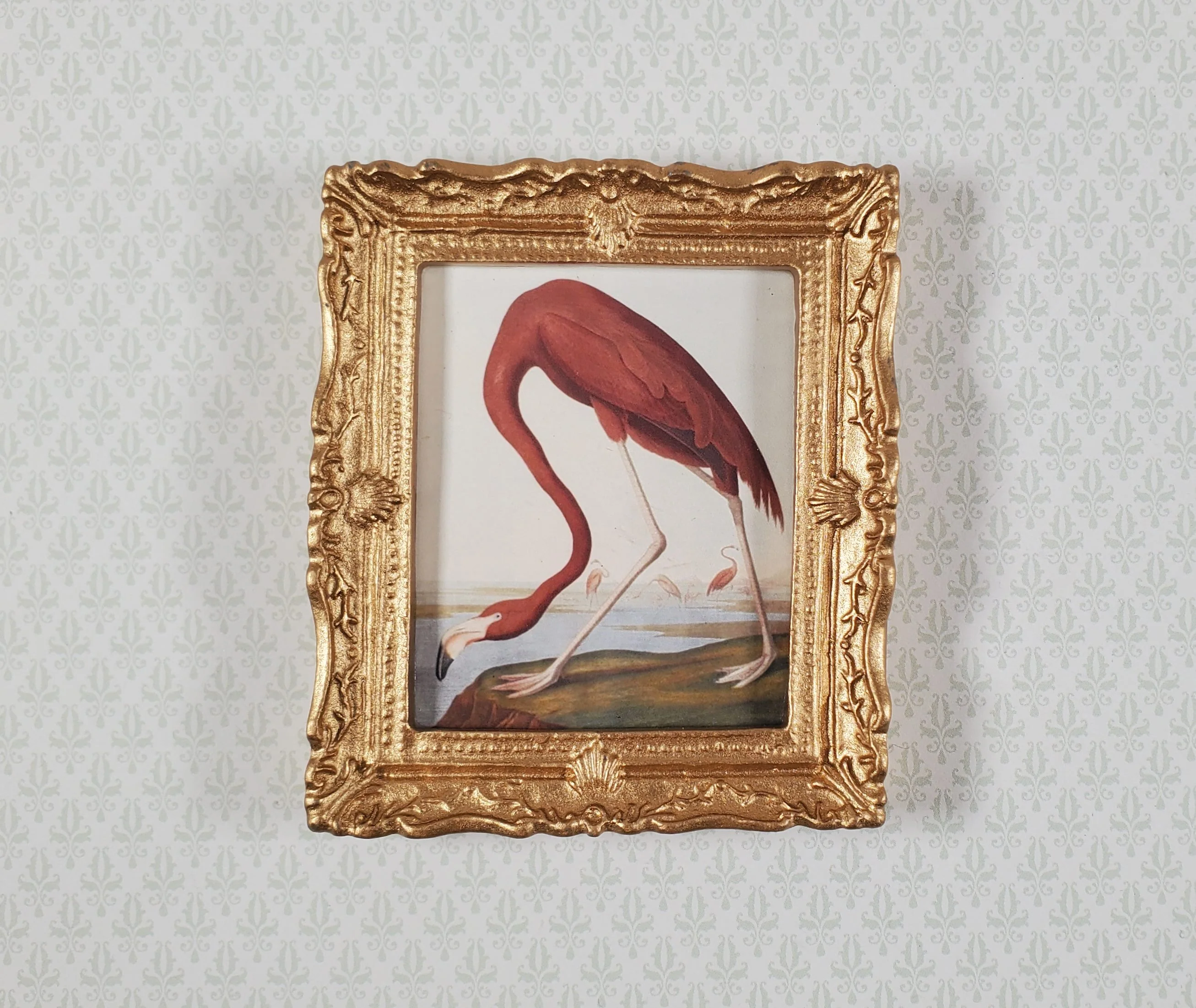 Miniature Pink Flamingo Print John James Audubon 1:12 Scale Dollhouse Gold Frame