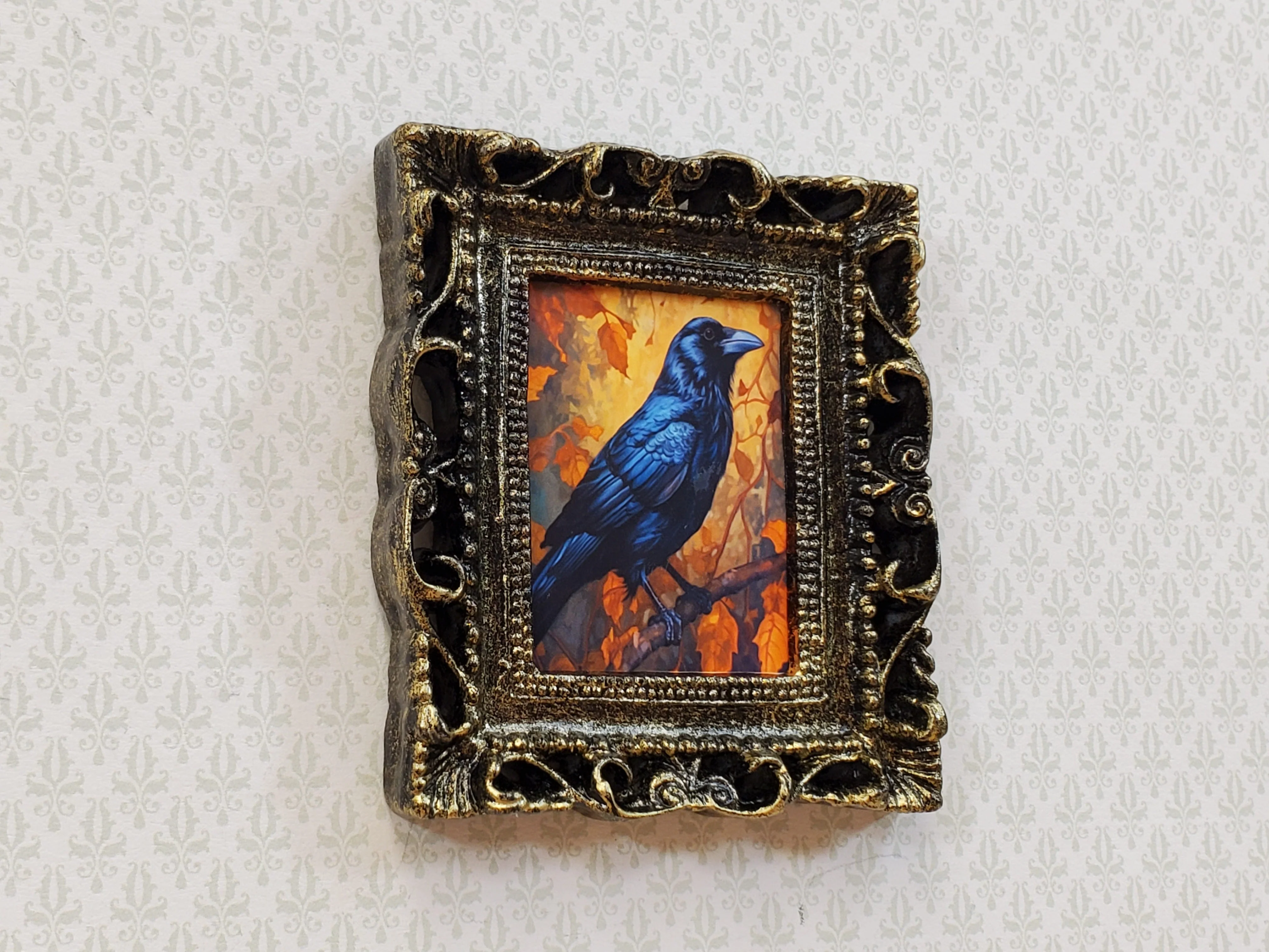 Miniature Raven with Fall Background Framed Print 1:12 Scale Halloween Haunted House - Image 2