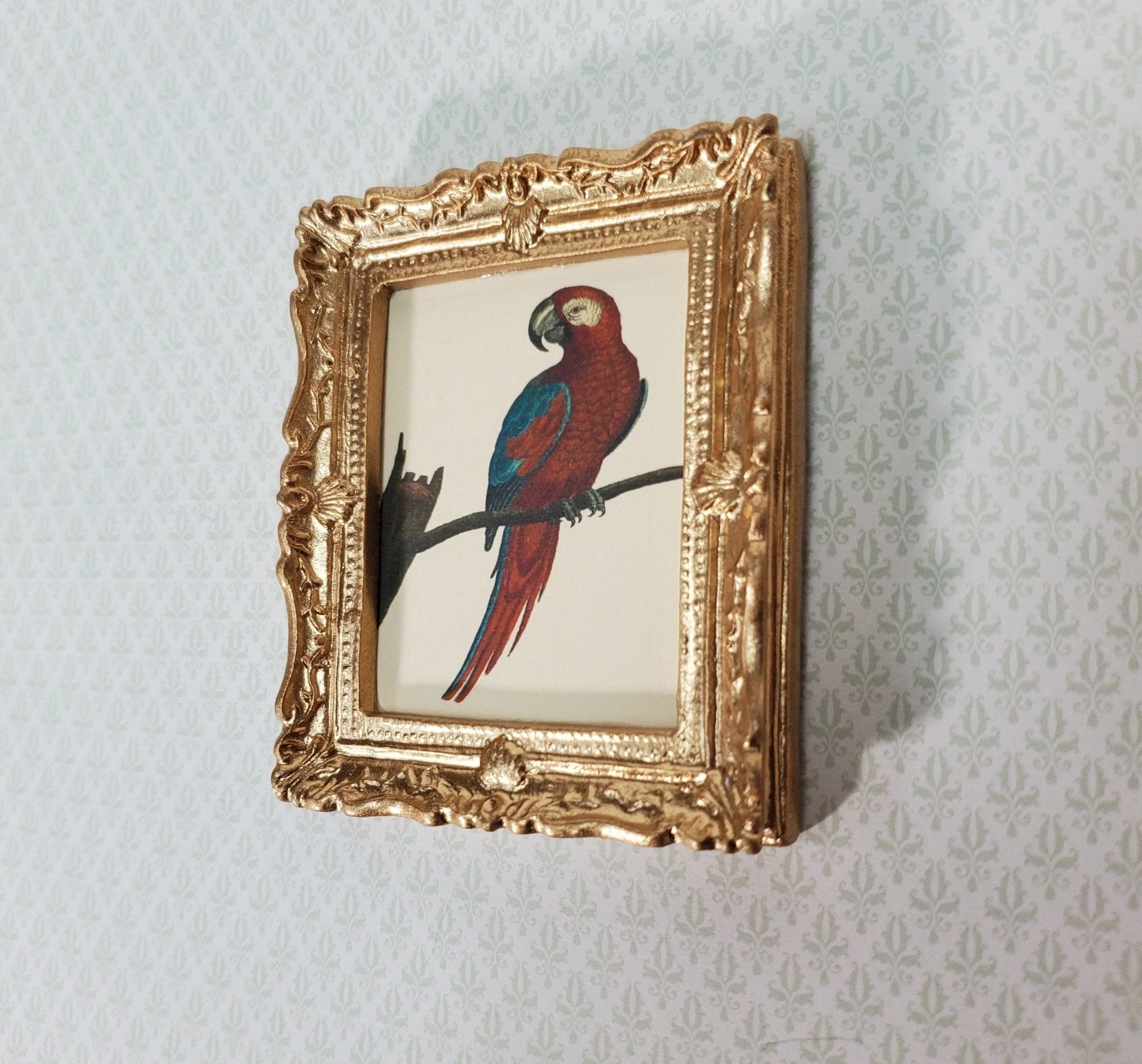 Miniature Red Parrot Vintage Framed Art Print in Gold Frame 1:12 Scale Dollhouse - Image 2