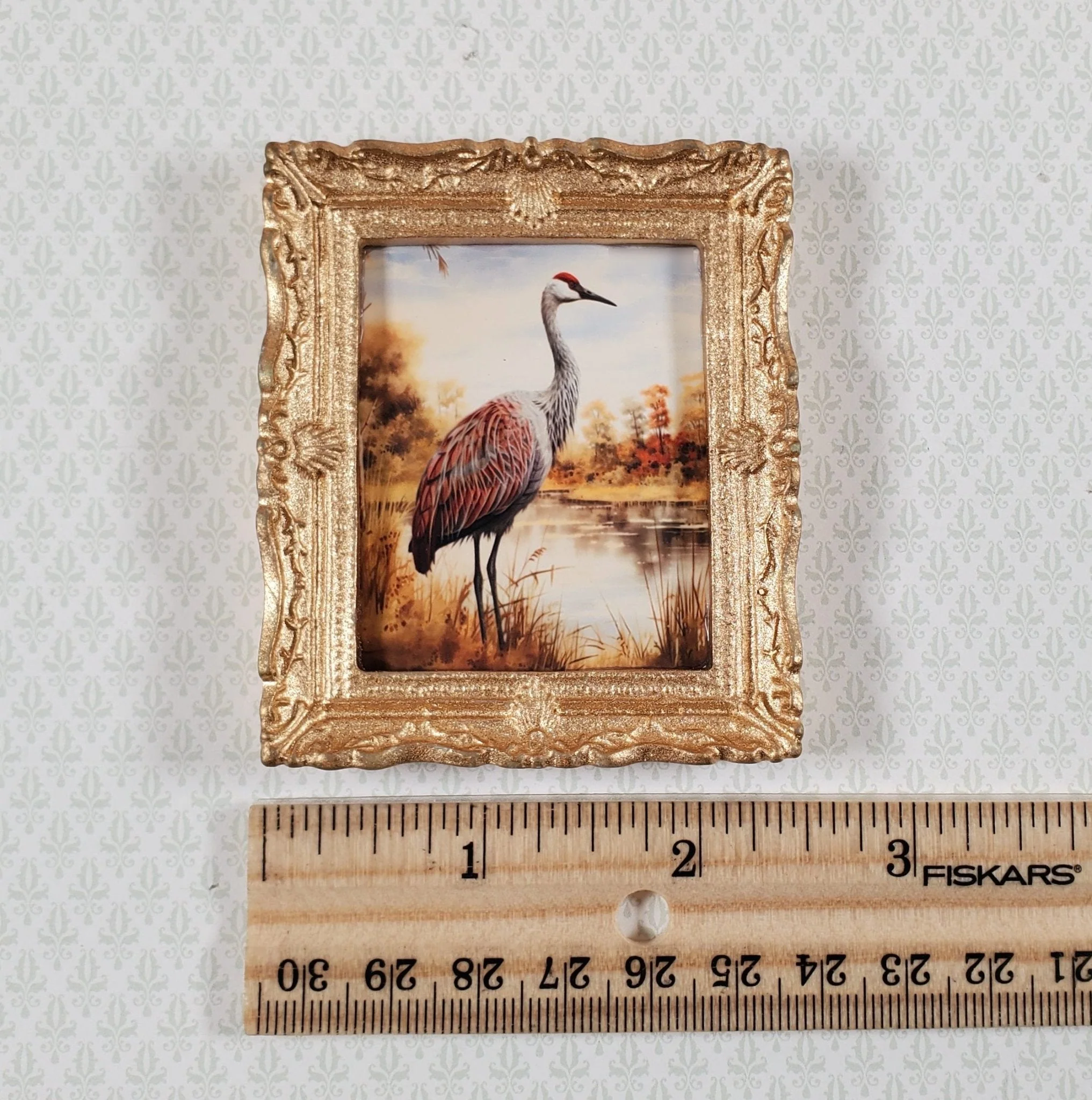 Miniature Sandhill Crane Framed Print Gold 1:12 Scale Handmade for Dollhouse - Image 5