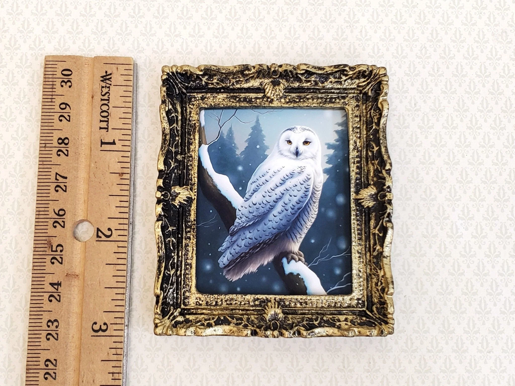 Miniature Snowy Owl Framed Print 1:12 Scale Dollhouse Decor Bird Winter Scene - Image 6
