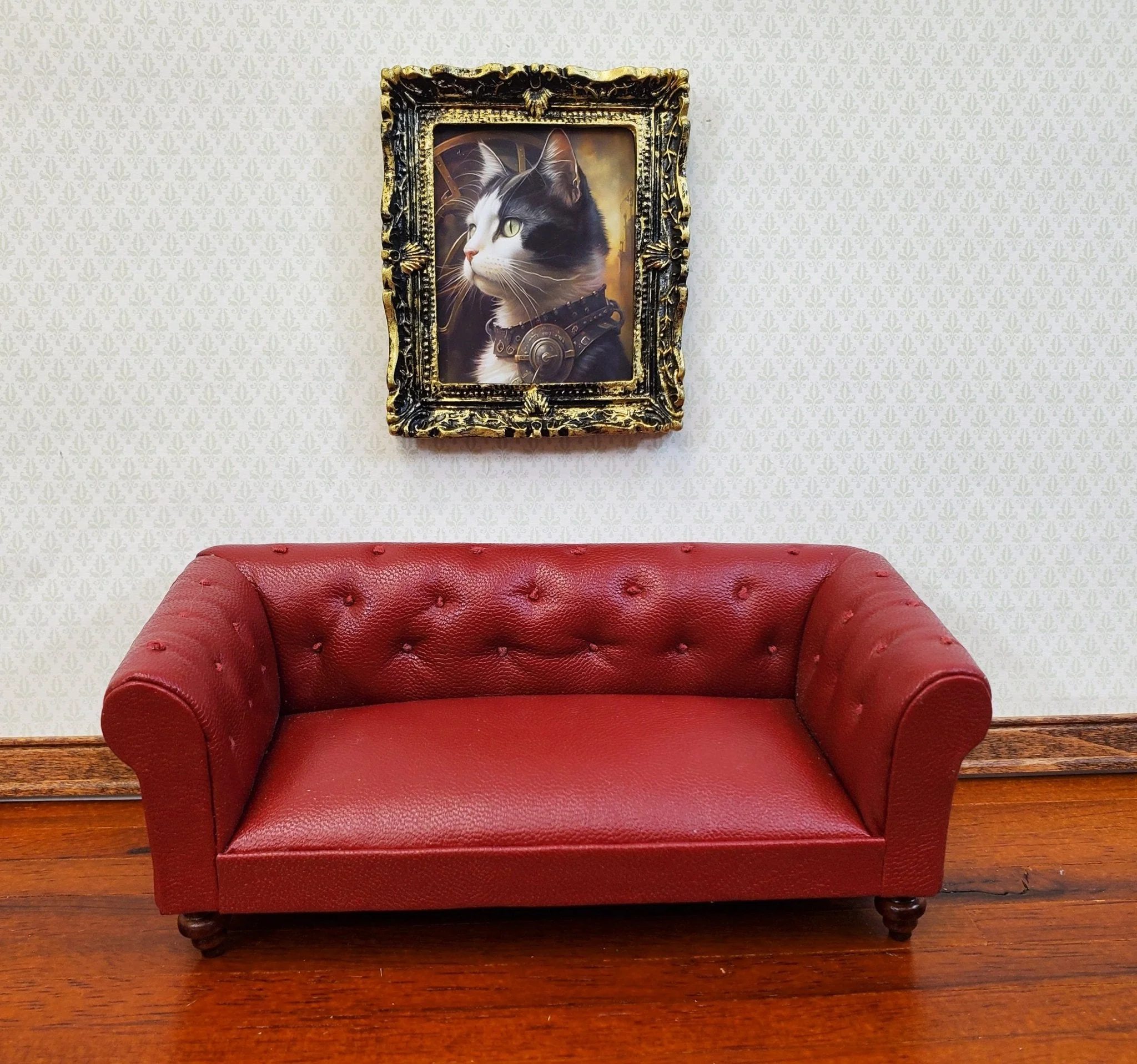 Miniature Steampunk Cat Framed Print Black & White Fur 1:12 Scale Miniature Picture - Image 3