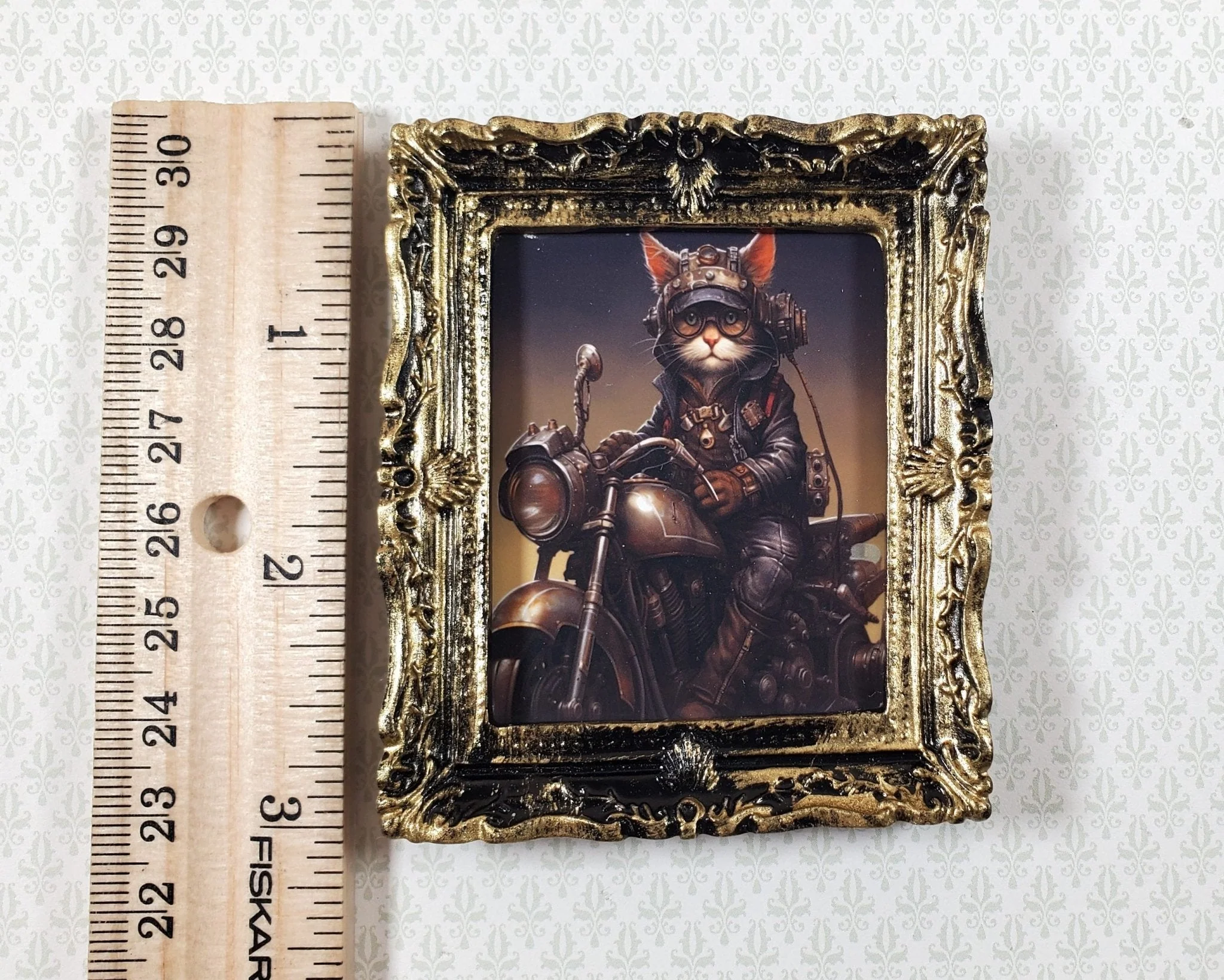 Miniature Steampunk Cat on a Motorcycle Framed Print 1:12 Scale Dollhouse - Image 3