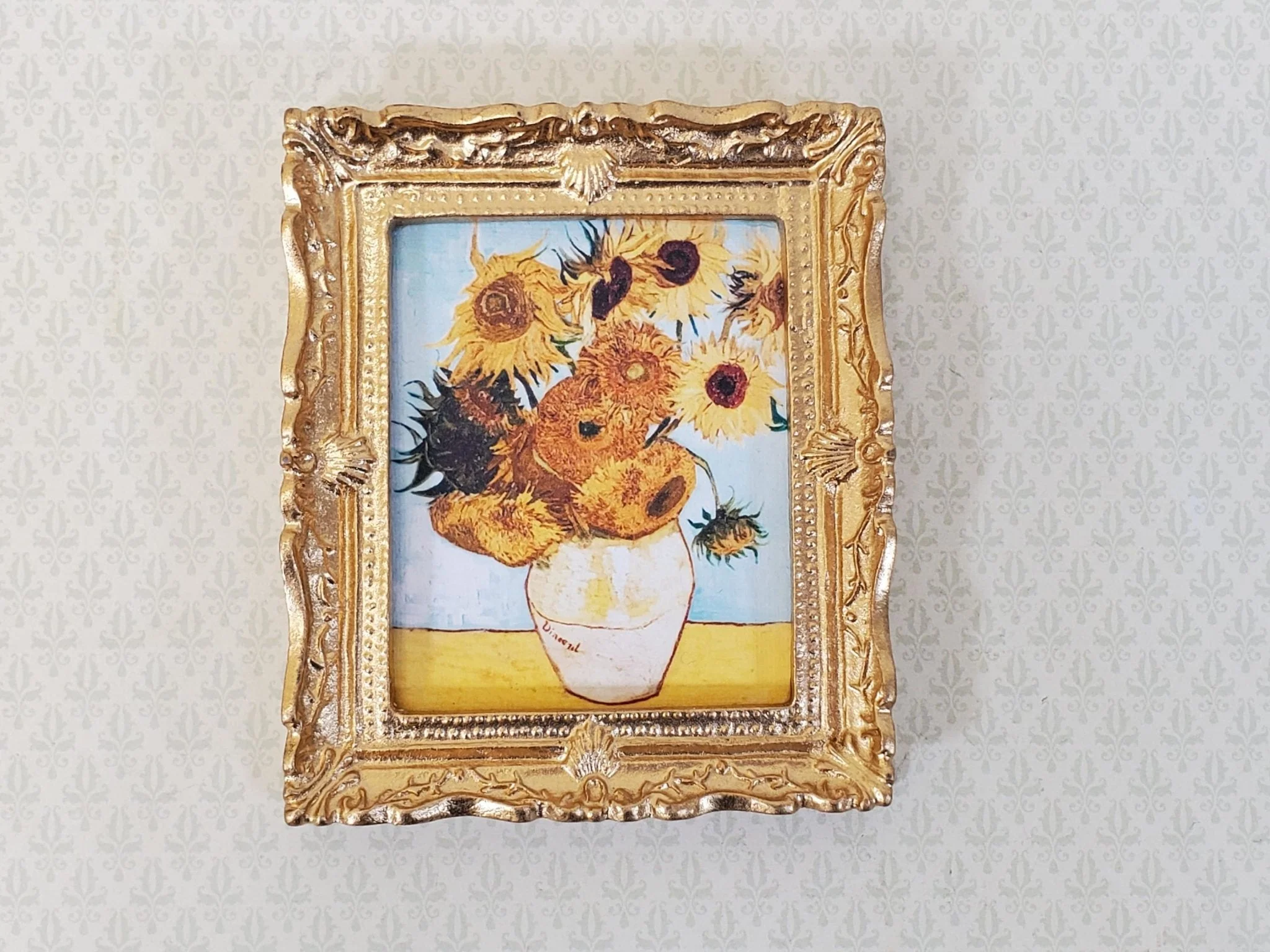 Miniature Sunflowers by Vincent Van Gogh Framed Print Blue Background 1:12 Scale Handmade