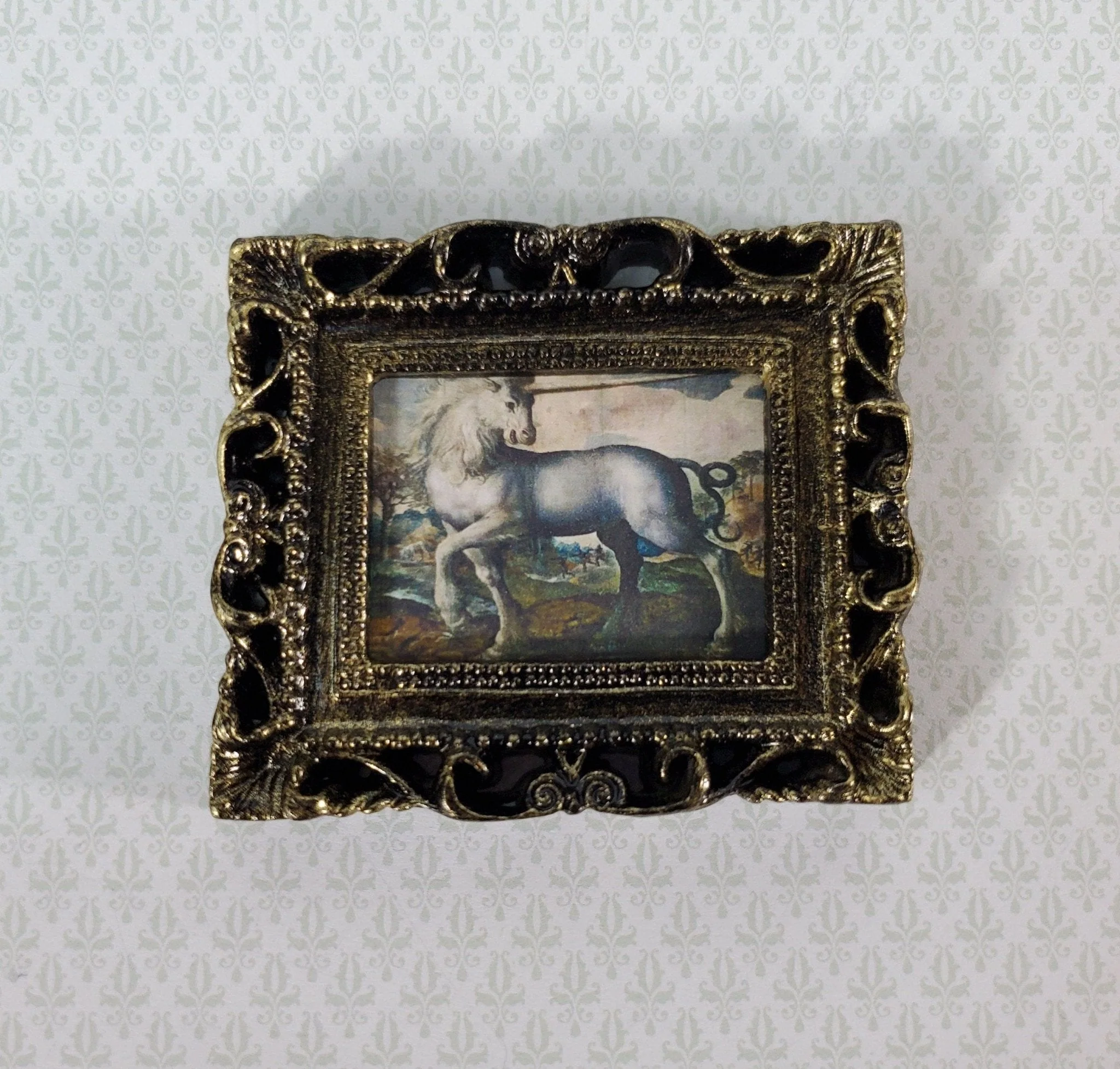Miniature Unicorn Medieval Framed Art Print 1:12 Scale Dollhouse Decor