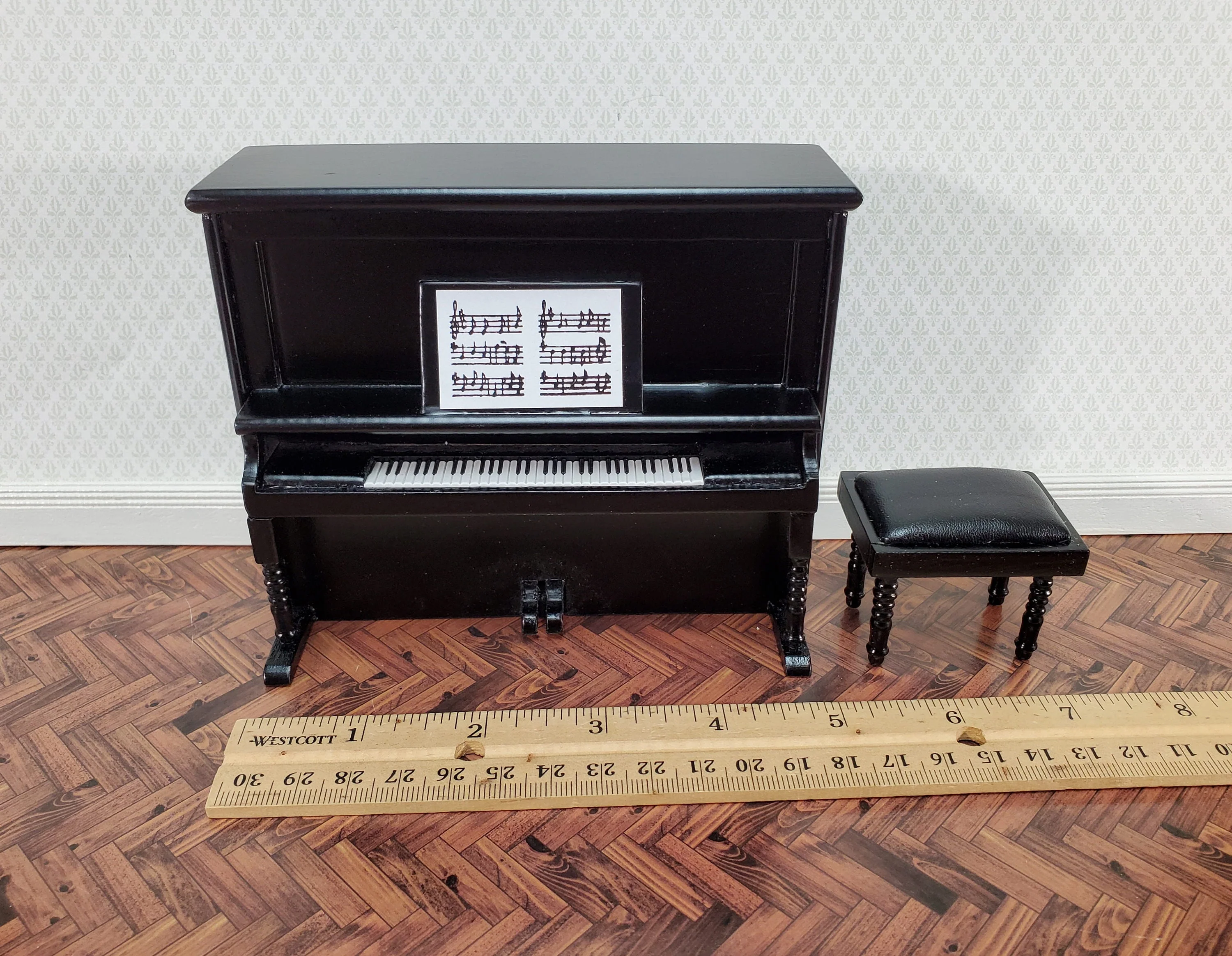 Miniature Upright Piano with Bench Seat Wood 1:12 Scale Dollhouse Black Finish - Image 4