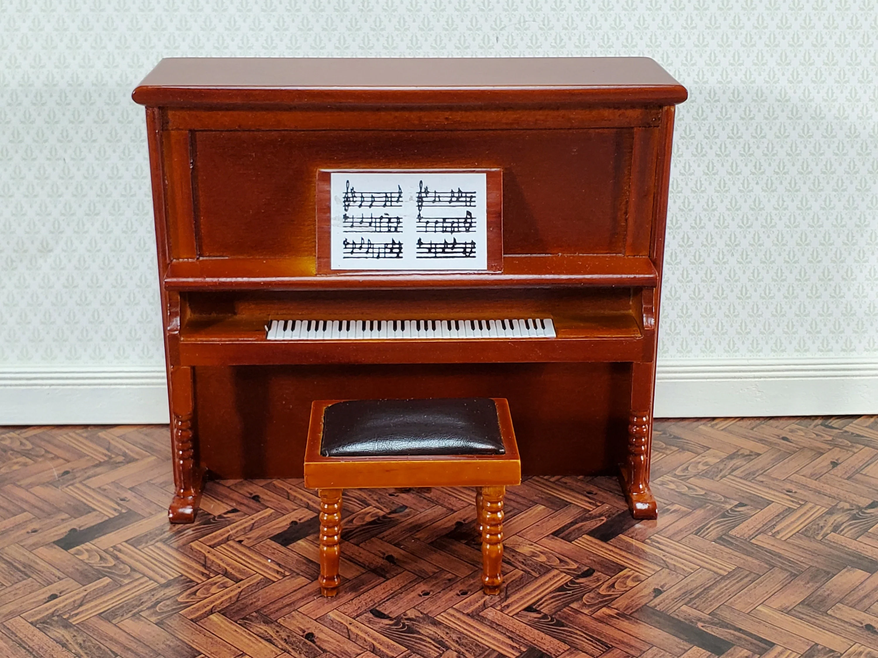Miniature Upright Piano with Bench Seat Wood Instrument 1:12 Scale Dollhouse Walnut Finish - Image 2