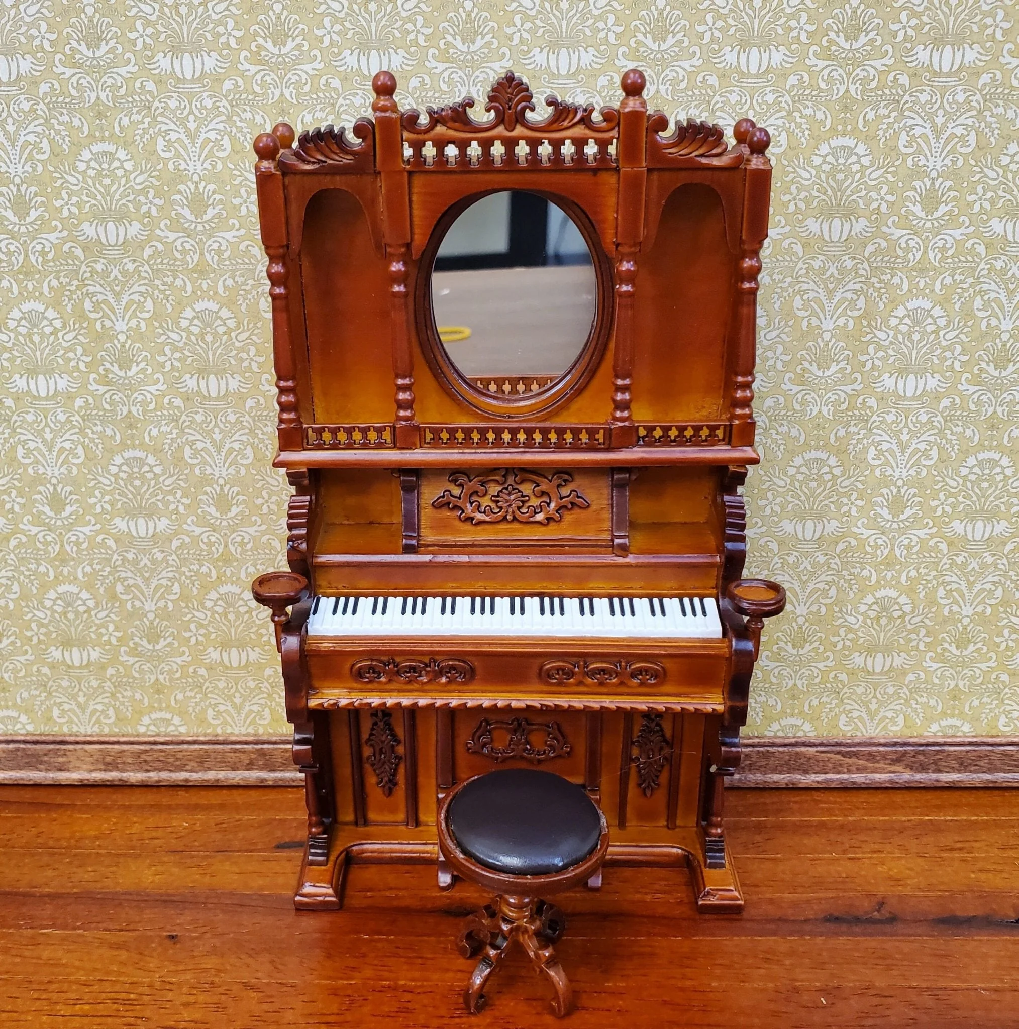 Miniature Upright Pump Organ Piano with Stool Walnut Finish 1:12 Scale Dollhouse Furniture