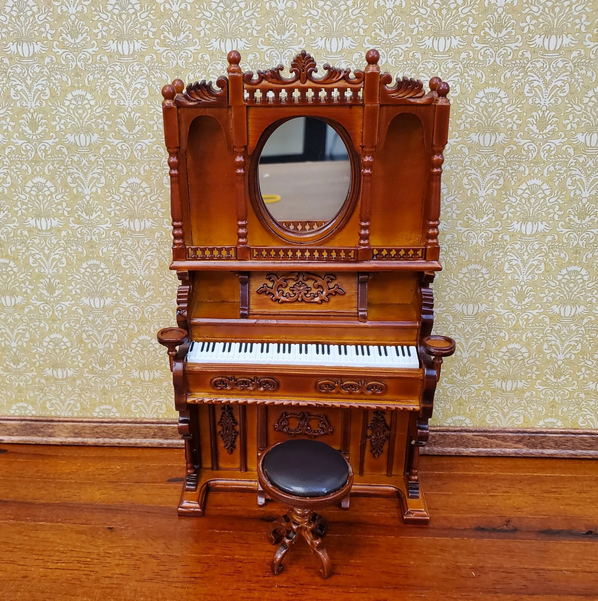 Miniature Upright Pump Organ Piano with Stool Walnut Finish 1:12 Scale Dollhouse Furniture - Image 2