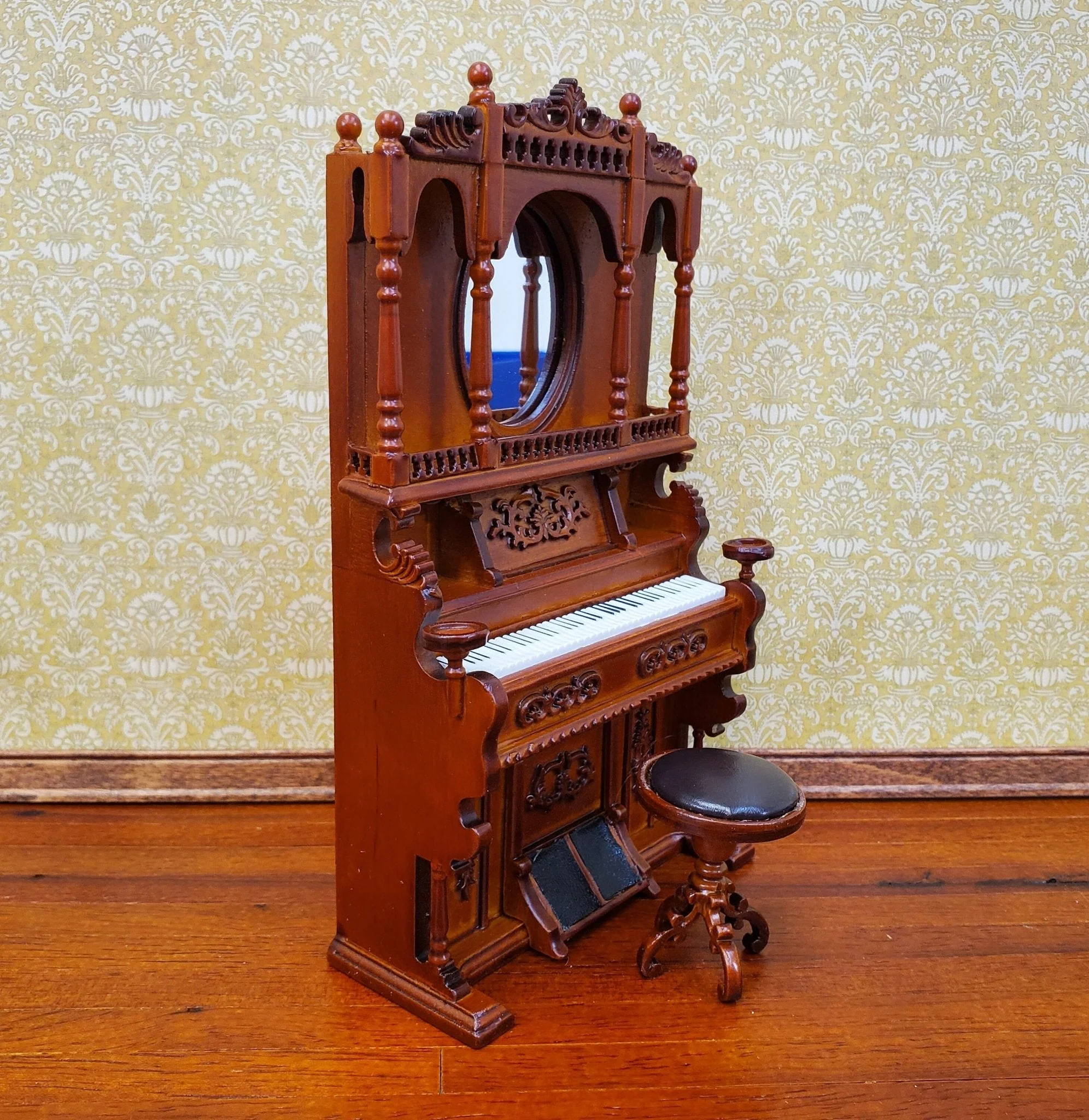 Miniature Upright Pump Organ Piano with Stool Walnut Finish 1:12 Scale Dollhouse Furniture - Image 3