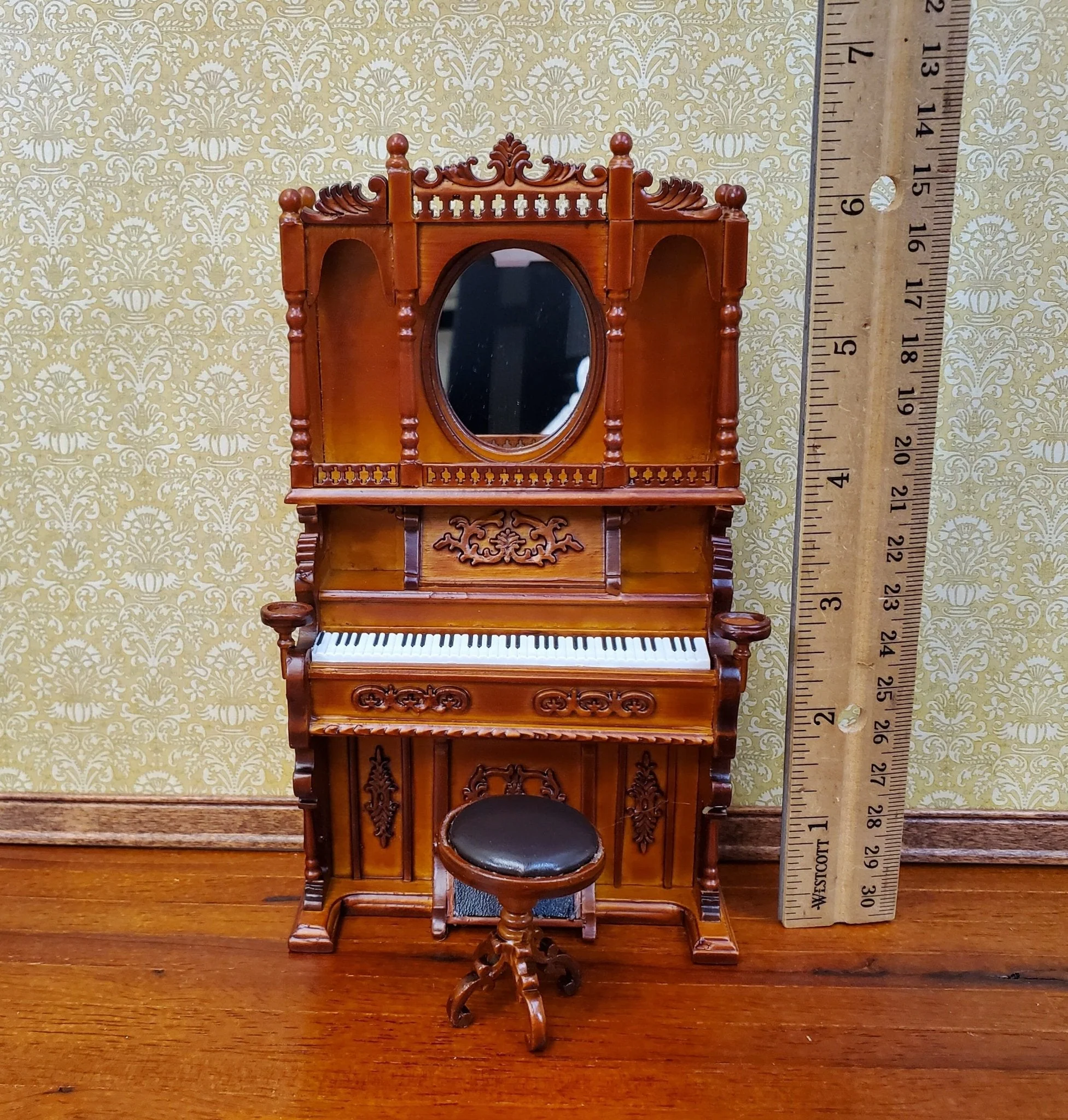 Miniature Upright Pump Organ Piano with Stool Walnut Finish 1:12 Scale Dollhouse Furniture - Image 4