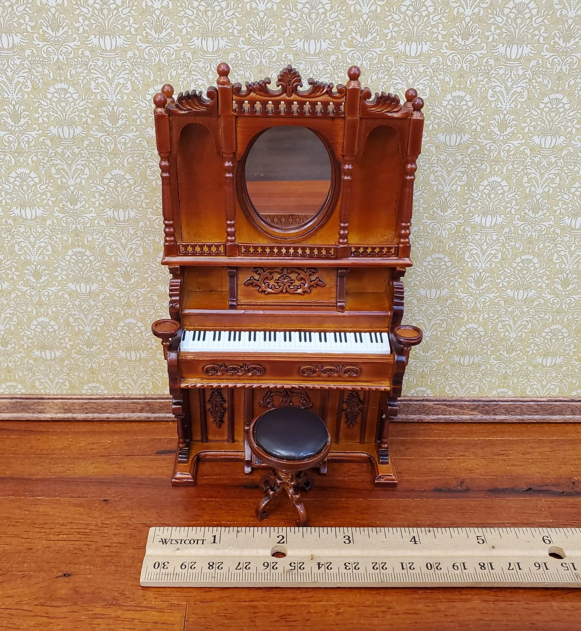 Miniature Upright Pump Organ Piano with Stool Walnut Finish 1:12 Scale Dollhouse Furniture - Image 5