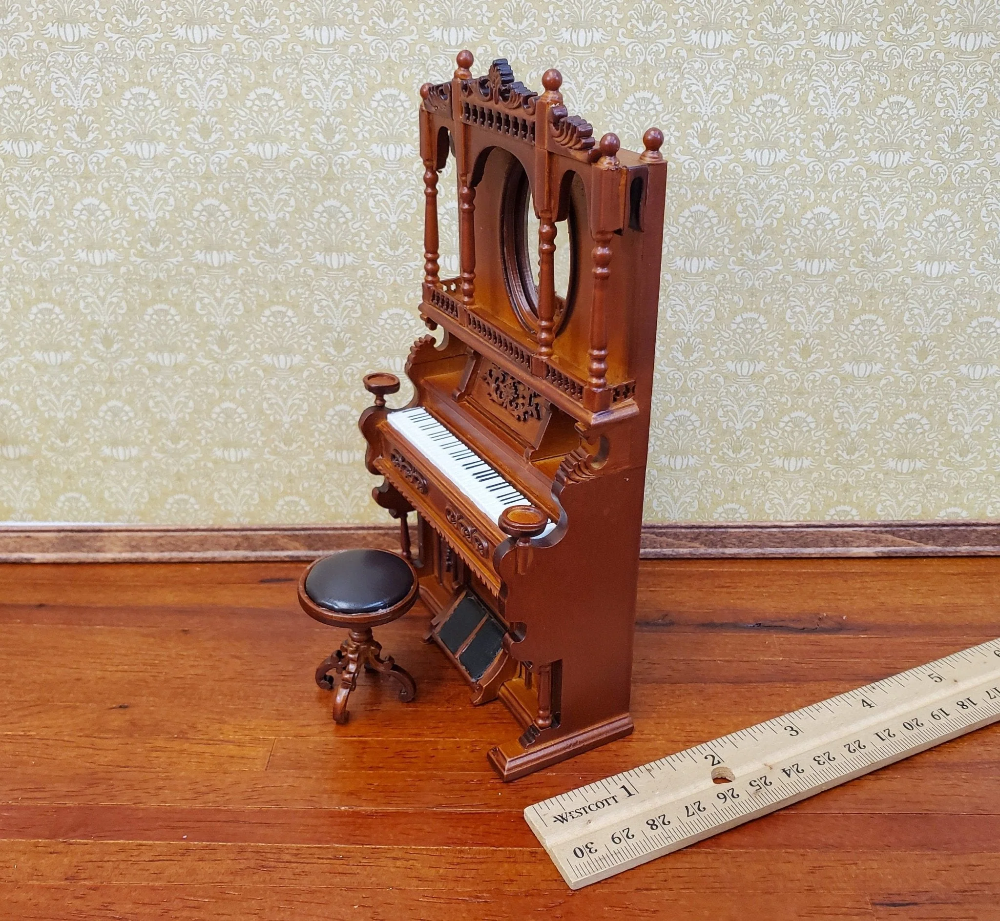 Miniature Upright Pump Organ Piano with Stool Walnut Finish 1:12 Scale Dollhouse Furniture - Image 6