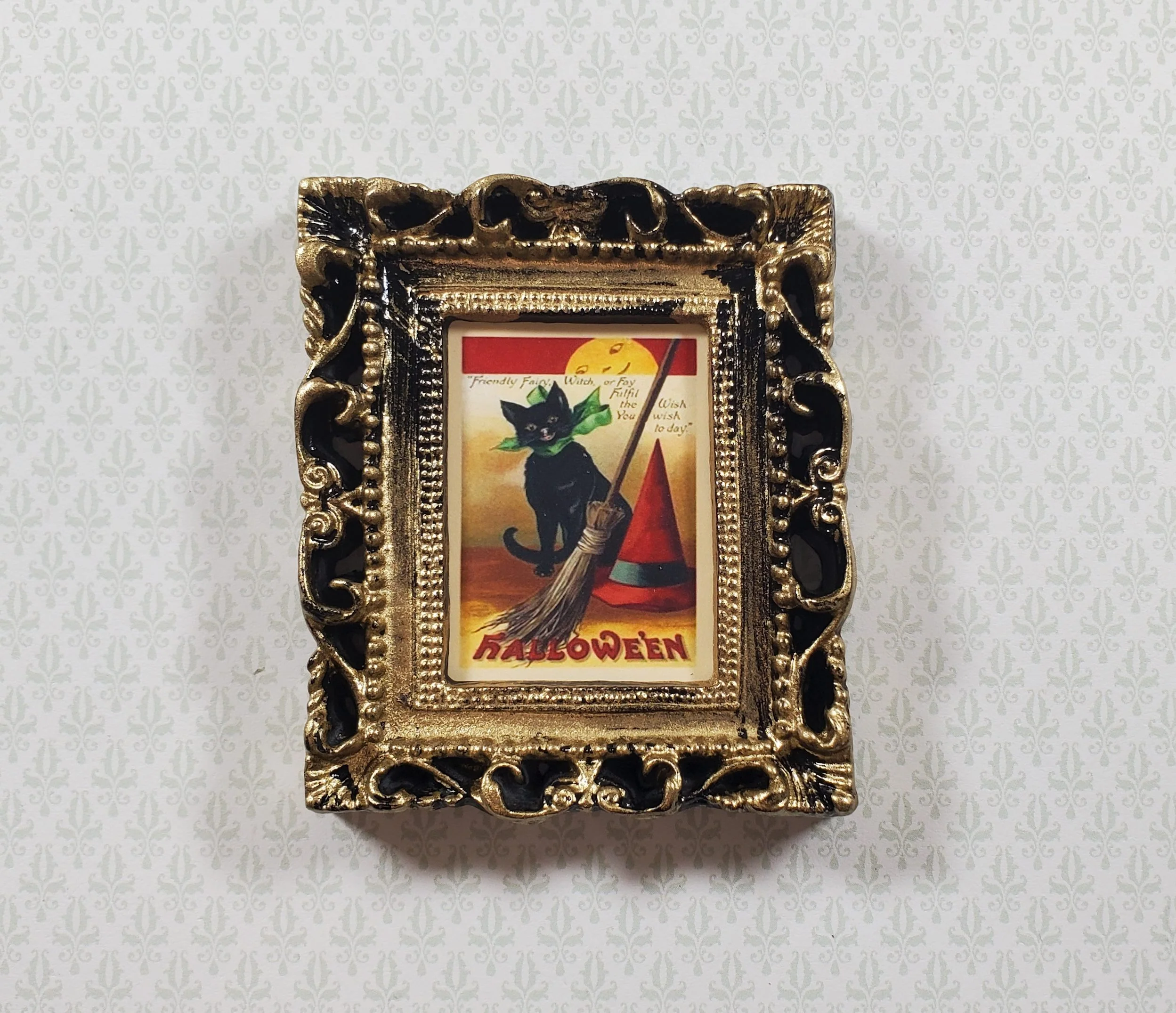 Miniature Vintage Black Cat Halloween Framed Print 1:12 Scale Witch House